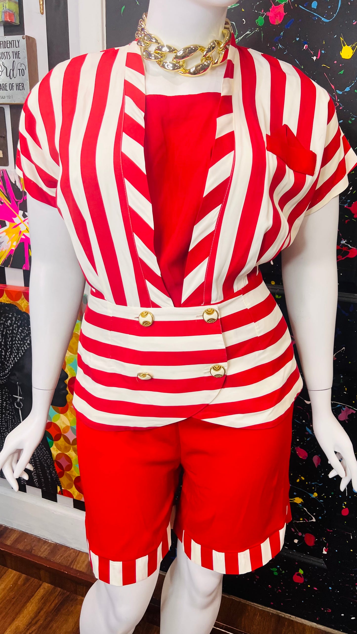 Vintage Red & White Striped Shorts Set (14/16)