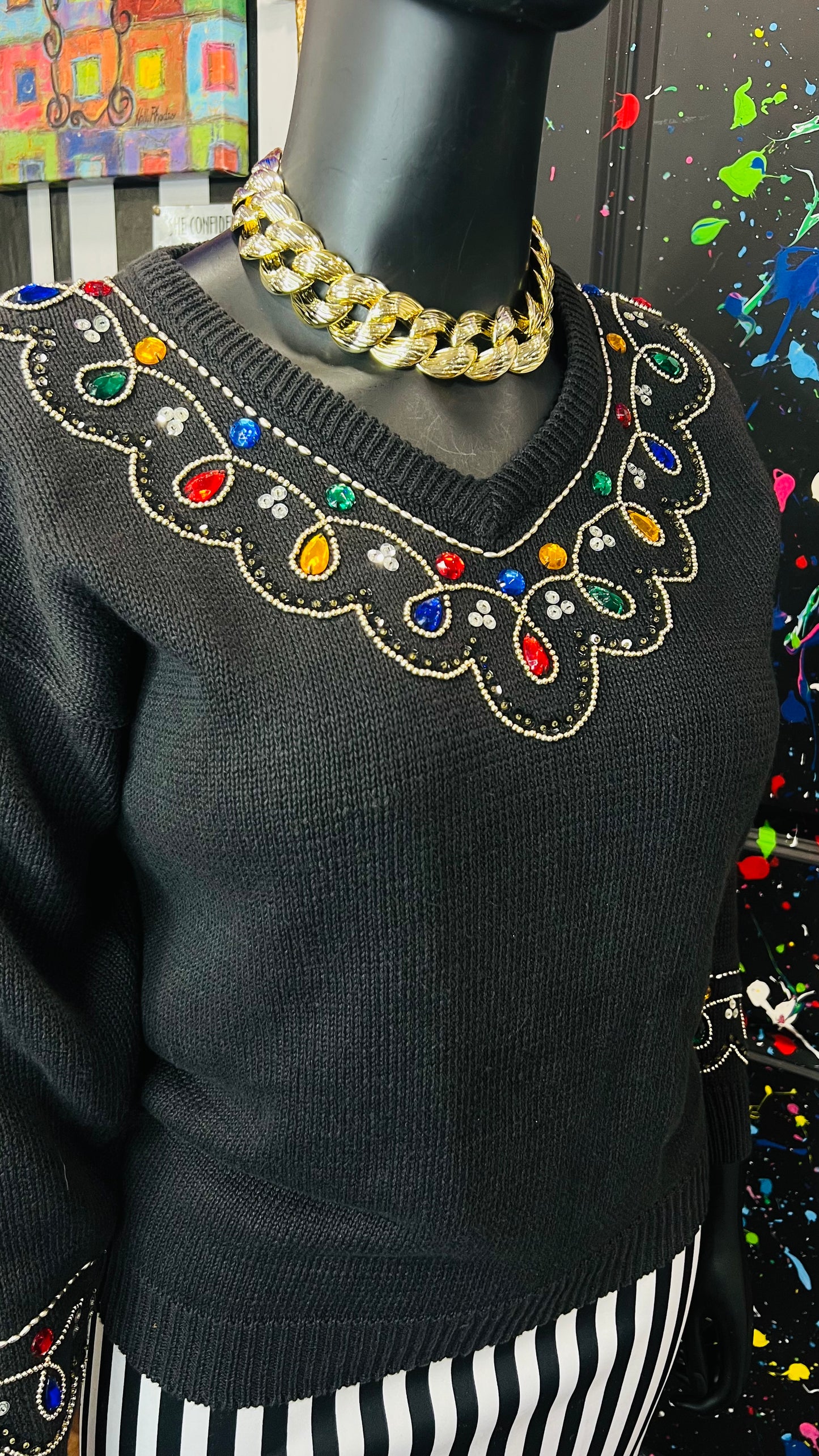 Vintage Black Knit Jeweled Sweater (16)