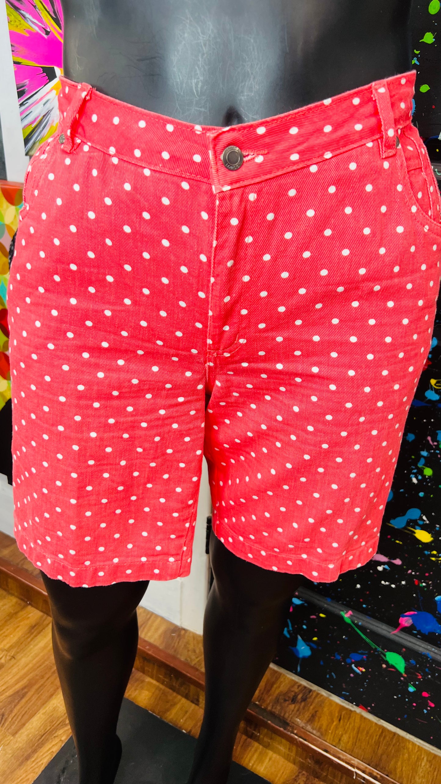 Vintage Salmon & White Polka Dot Denim Shorts (14W)