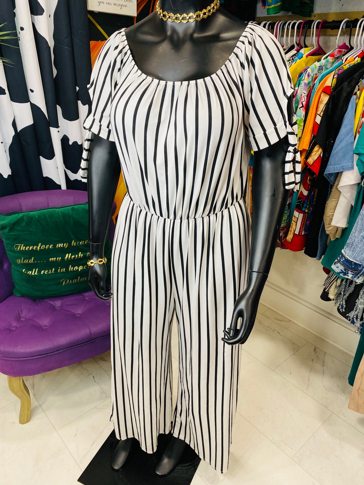 Vintage White & Black Striped Jumpsuit