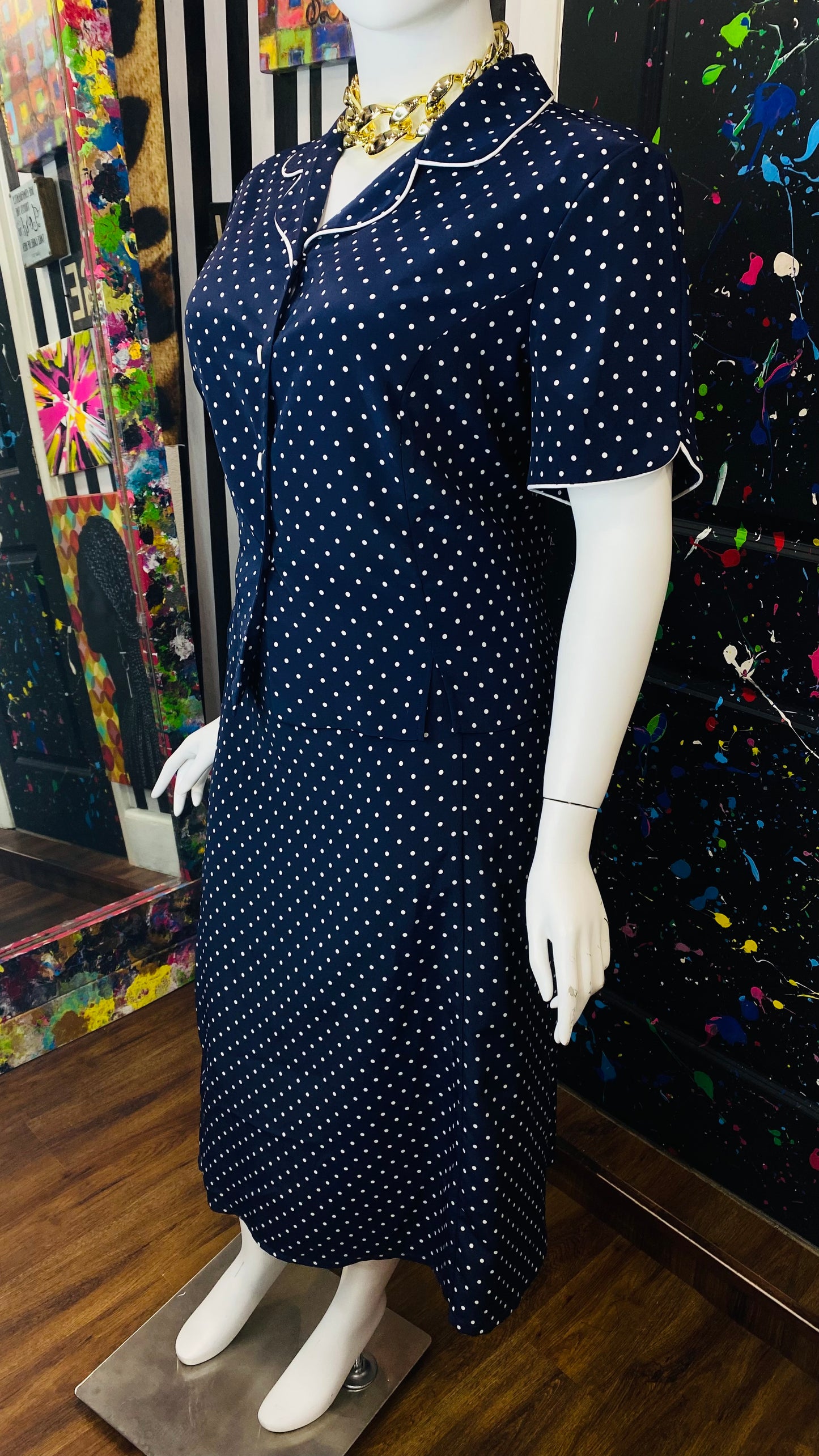 Vintage Navy Blue & White Polka Dot Skirt Set (22)