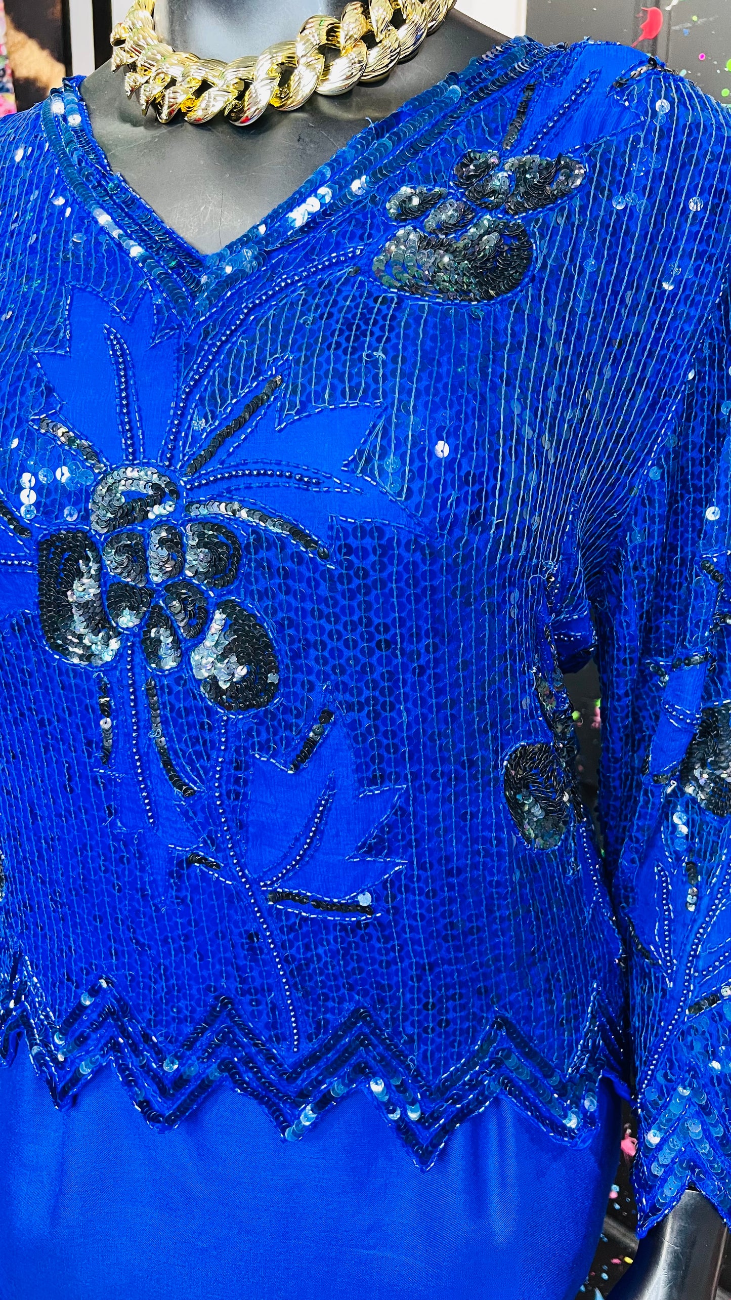 Vintage Blue & Black 100% Silk Sequin Blouse - Deadstock New w/Tags (18)