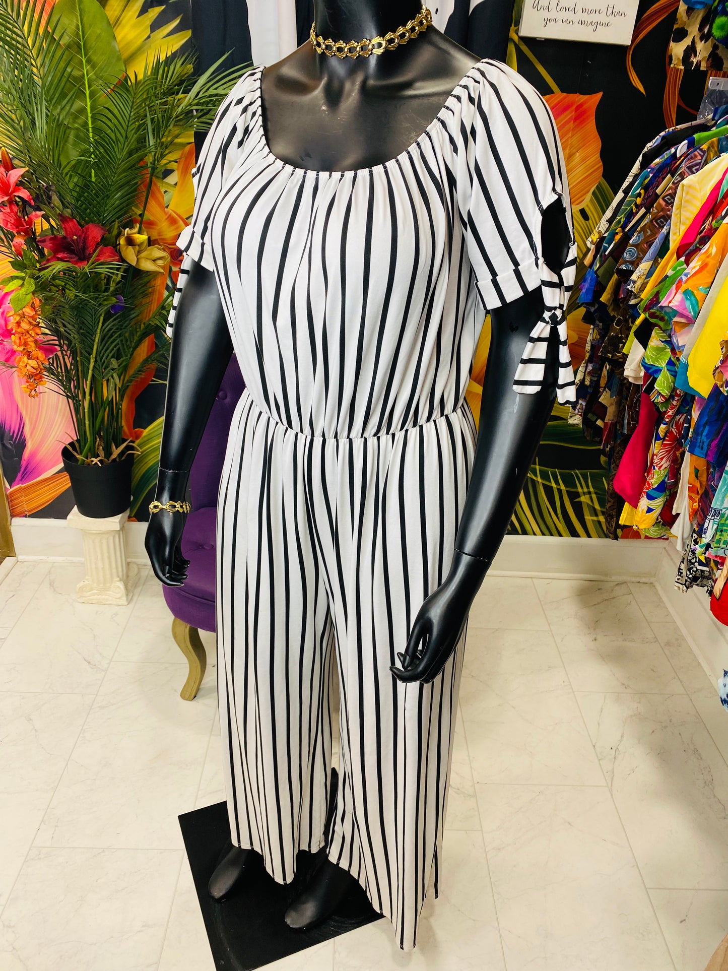 Vintage White & Black Striped Jumpsuit