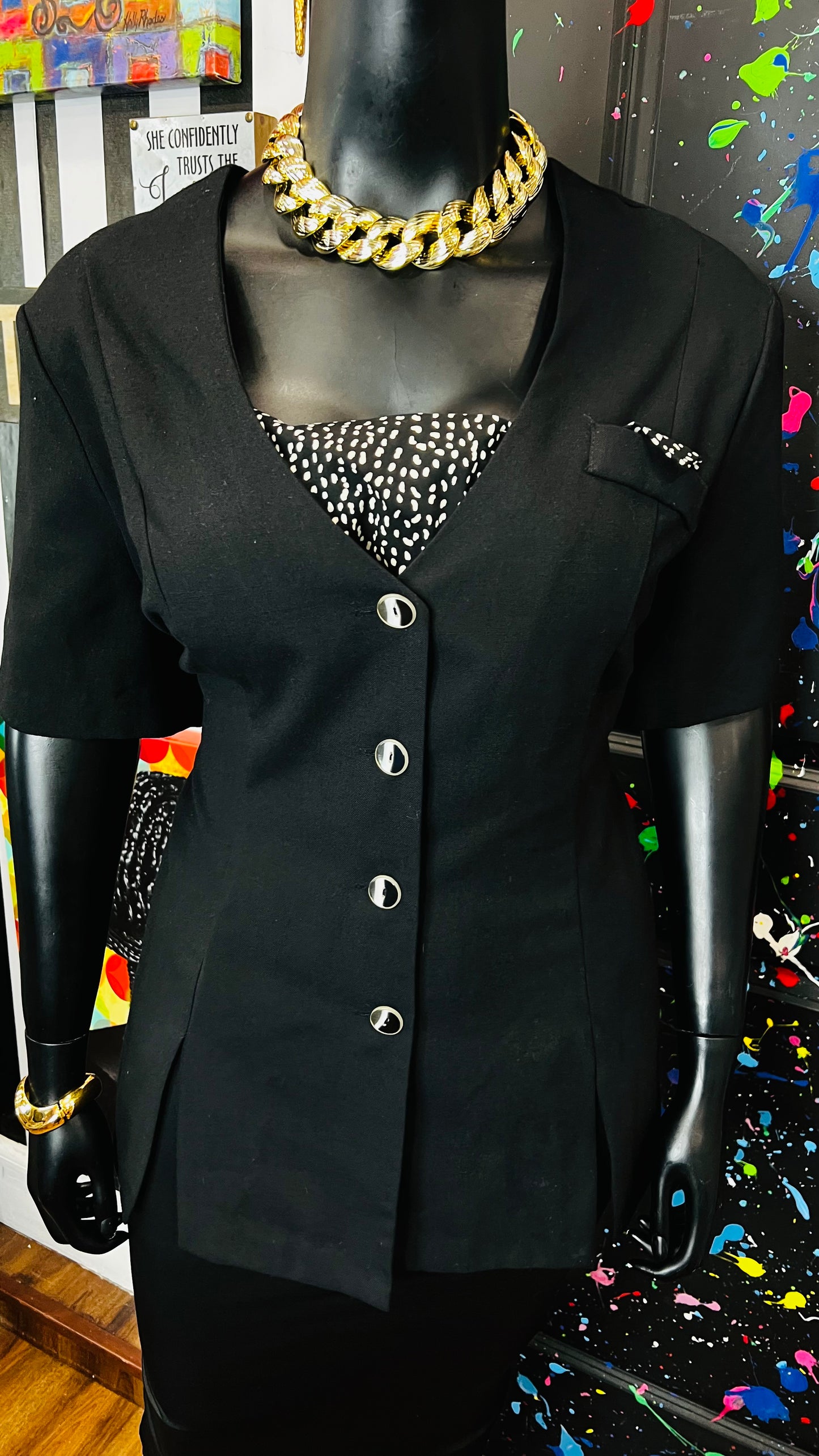 Vintage Black & Polka Dot Blazer Blouse (24W)