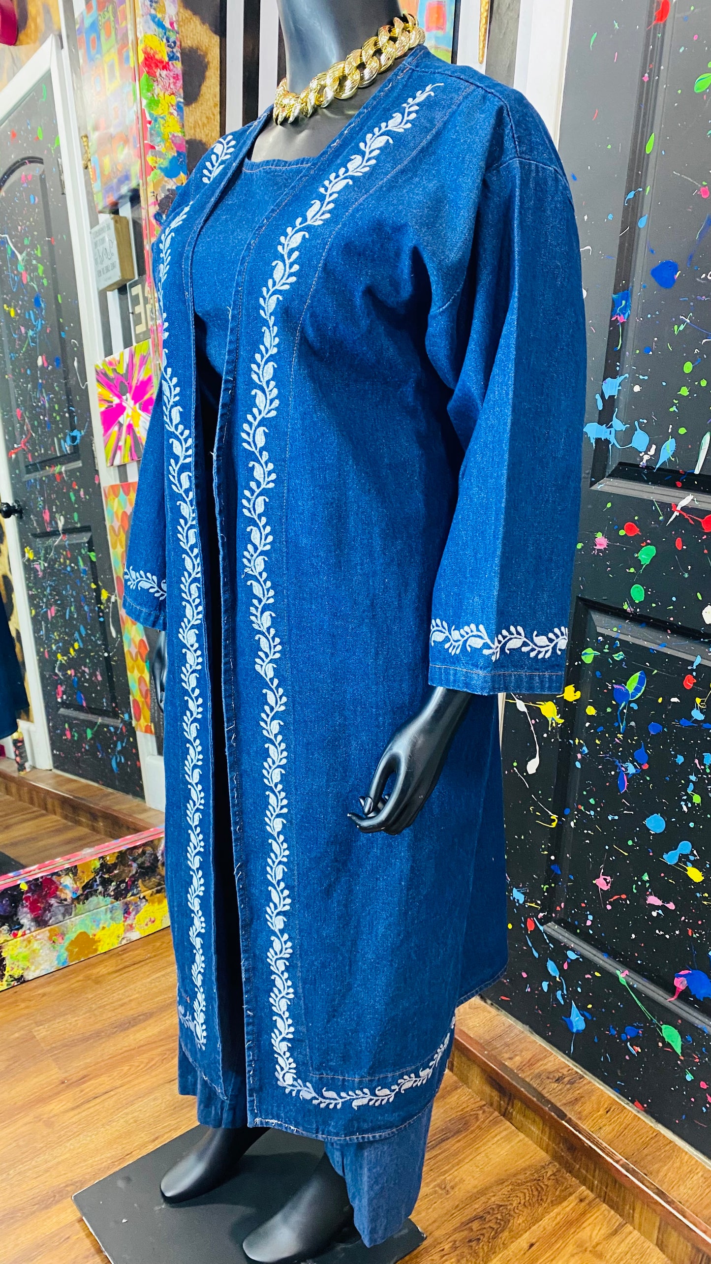 Vintage Denim Embroidered 3 Piece Pants Set (16/18)