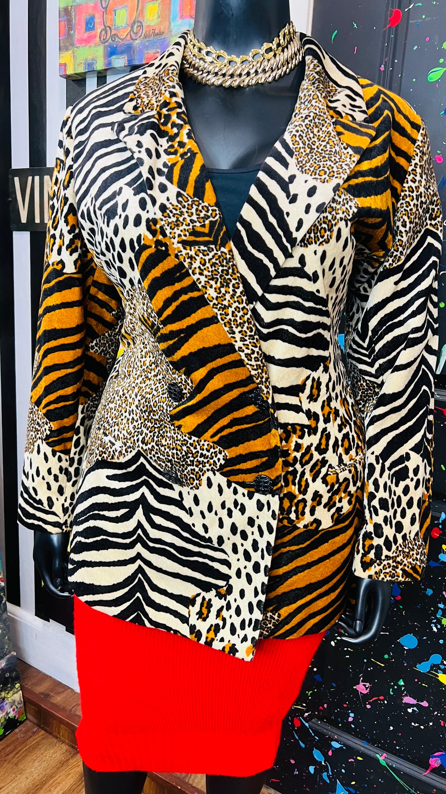 Vintage Faux Fur Mix Animal Print Double Breasted Blazer
(20W)