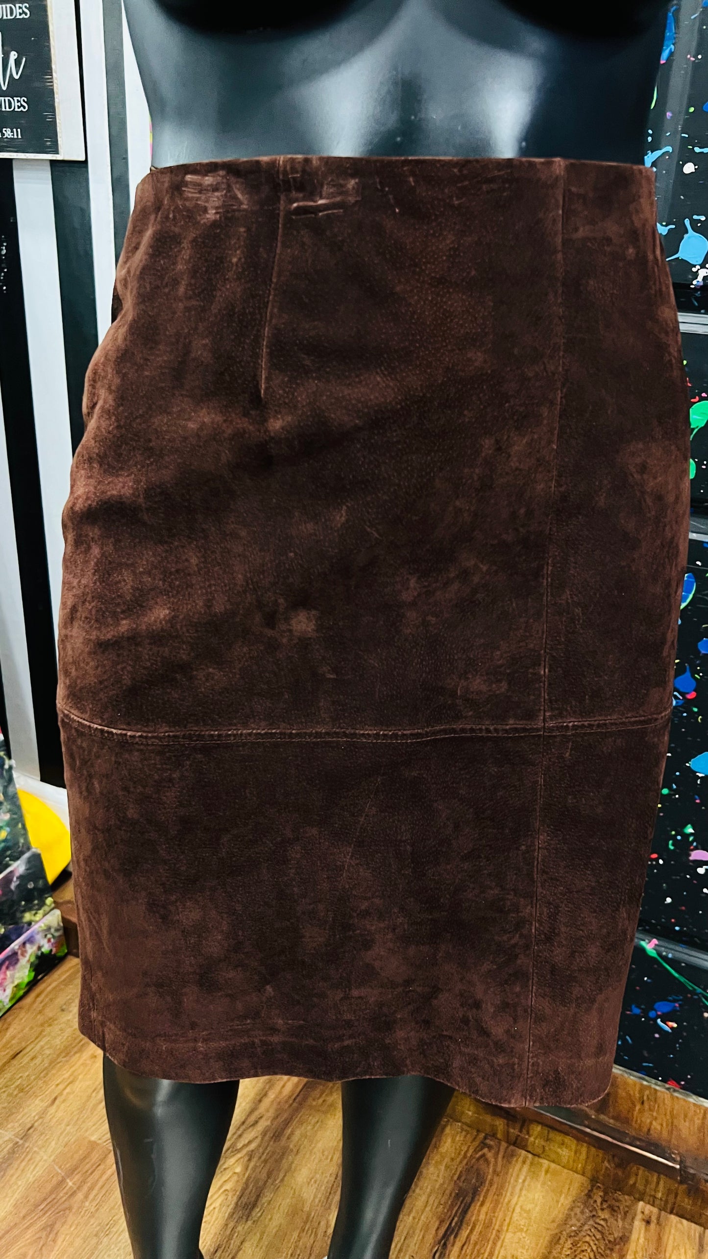 Vintage Brown Genuine Leather Suede Skirt (22W)