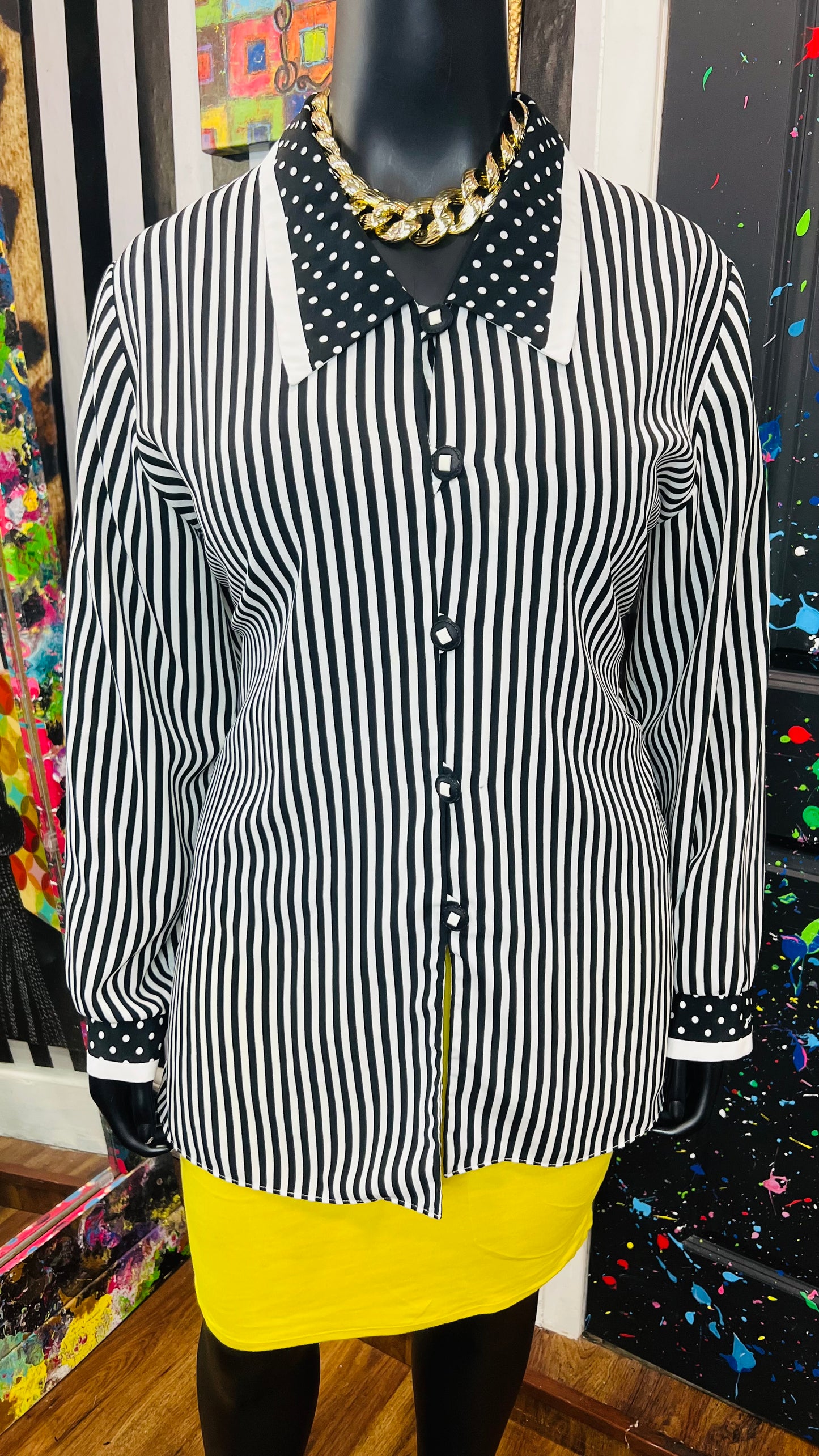 Vintage Polka Dot & Stripes Blouse - Black & White (18)
