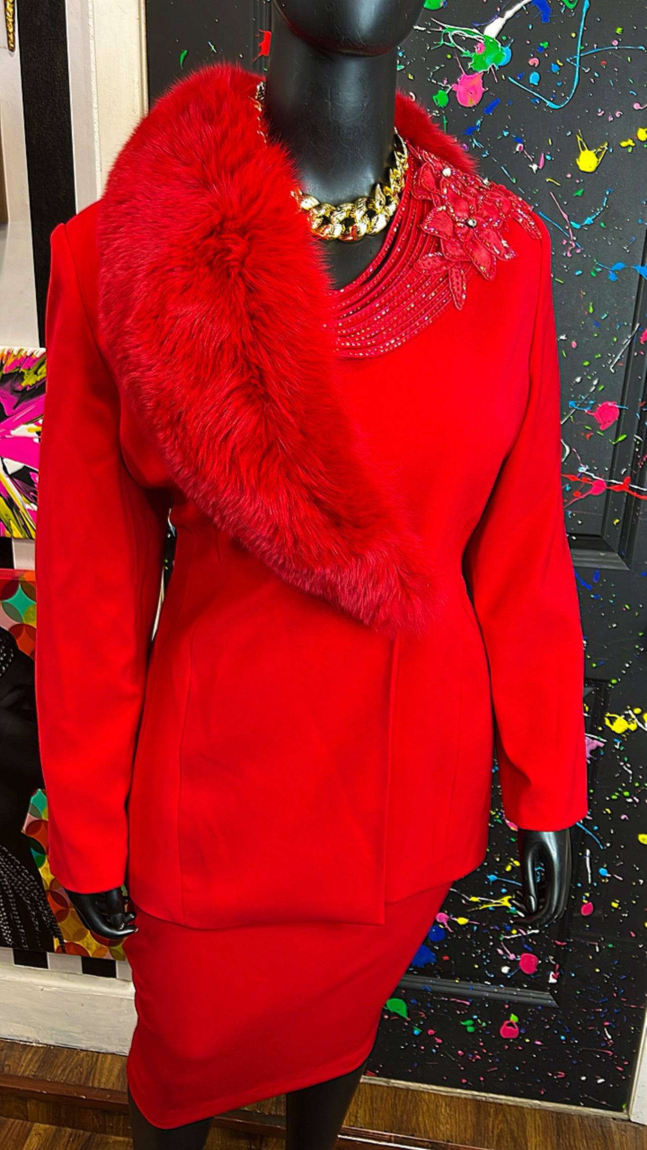 Vintage Couture Red Faux Fur Skirt Suit (20)