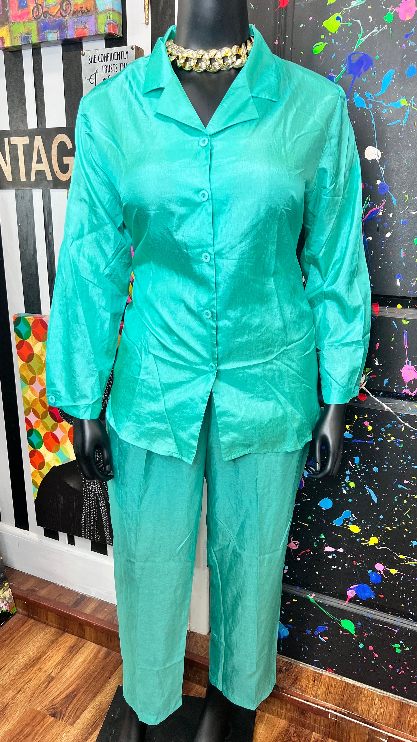 Vintage Teal Polyester Light Weight Pants Set (16/18)