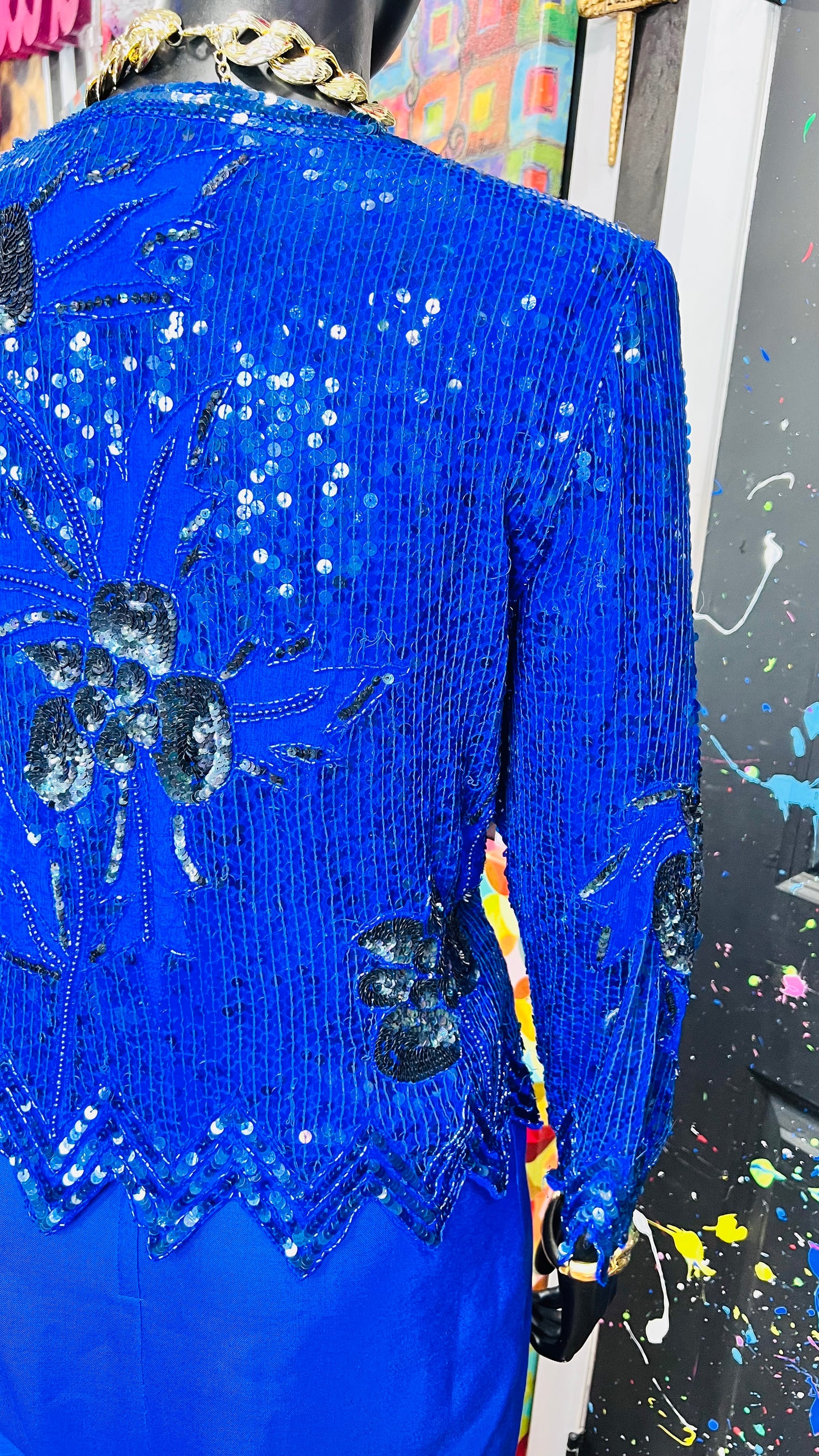 Vintage Blue & Black 100% Silk Sequin Blouse - Deadstock New w/Tags (18)