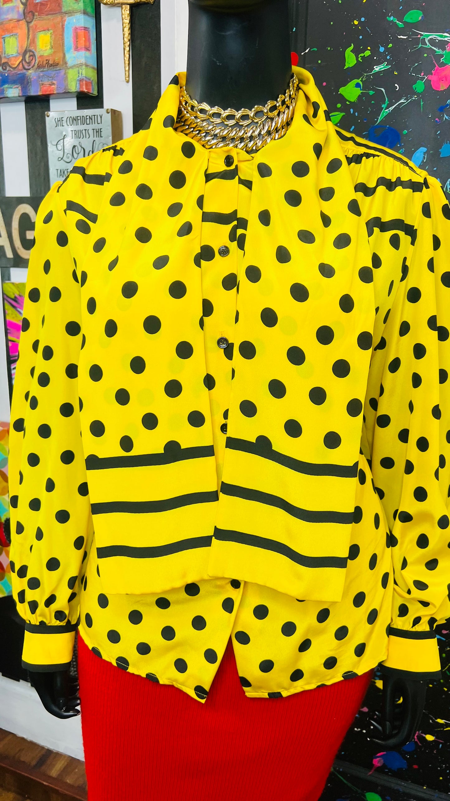Vintage Yellow Stripes & Polka Dot Blouse (24W)