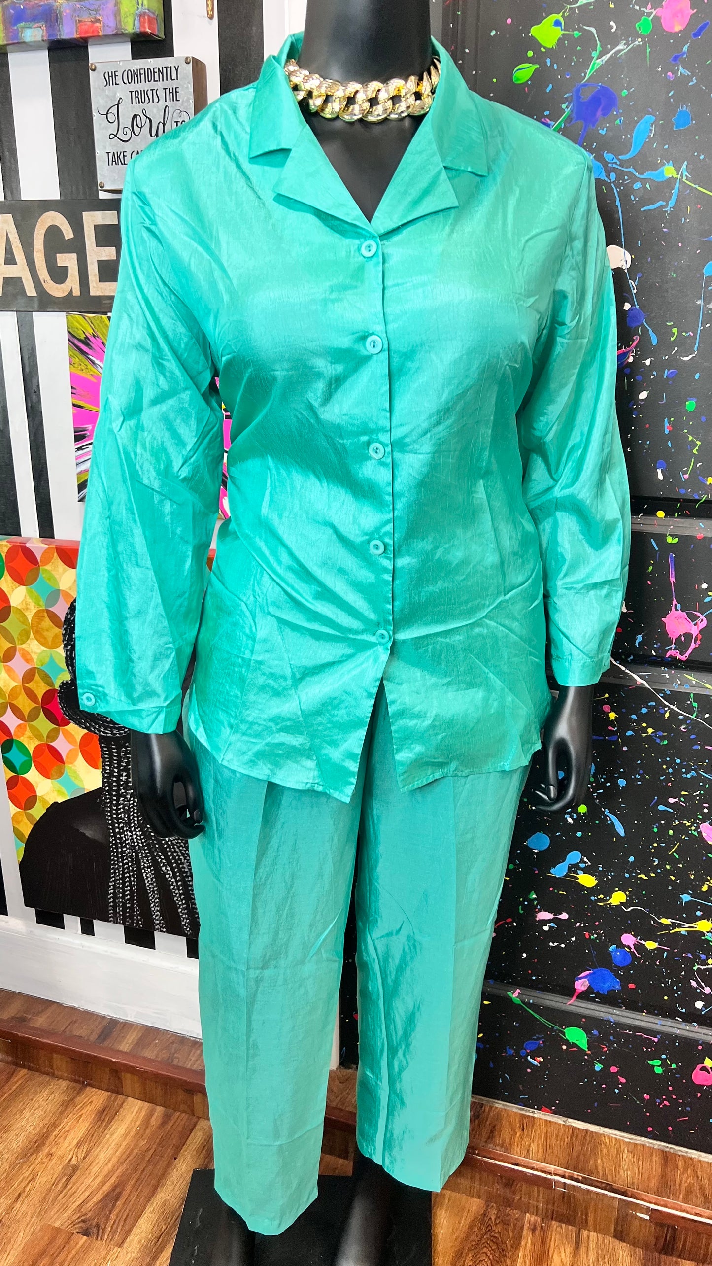 Vintage Teal Polyester Light Weight Pants Set (16/18)