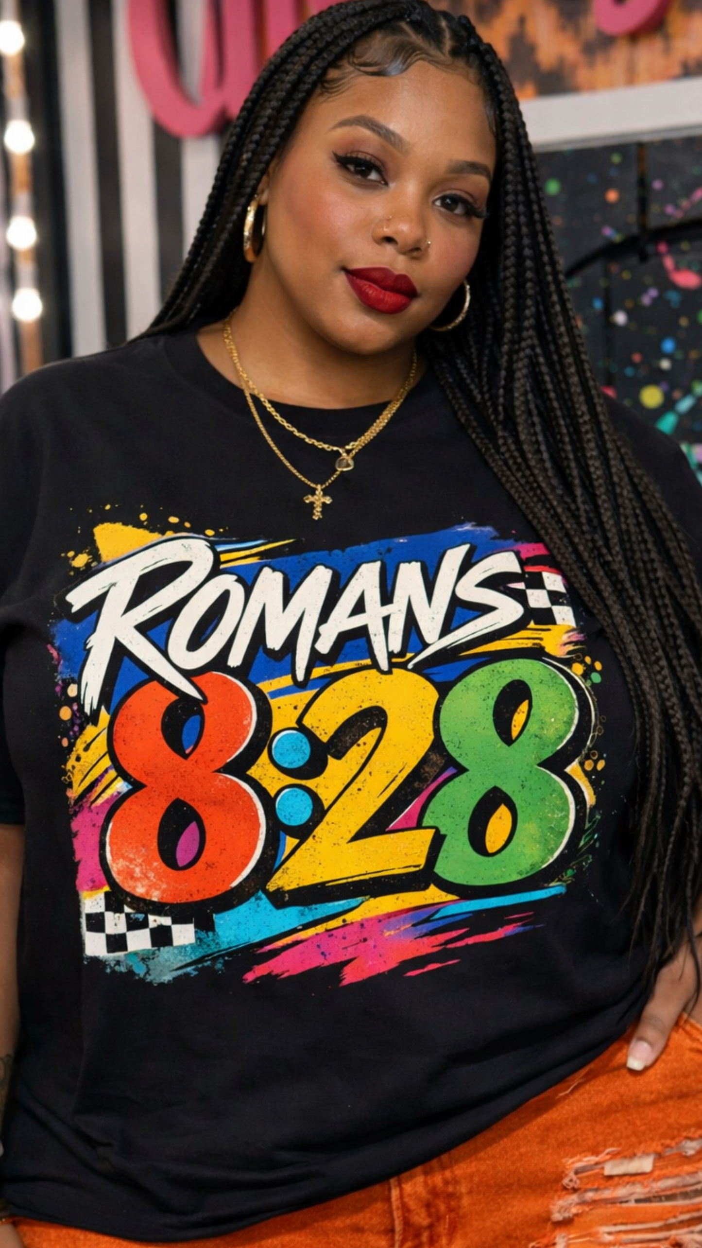 Romans 8:28 Retro Graphic T-Shirt β Bold 80s 90s Faith Tee | Christian Streetwear | Plus Size Black & Red Tee (Lβ3X)