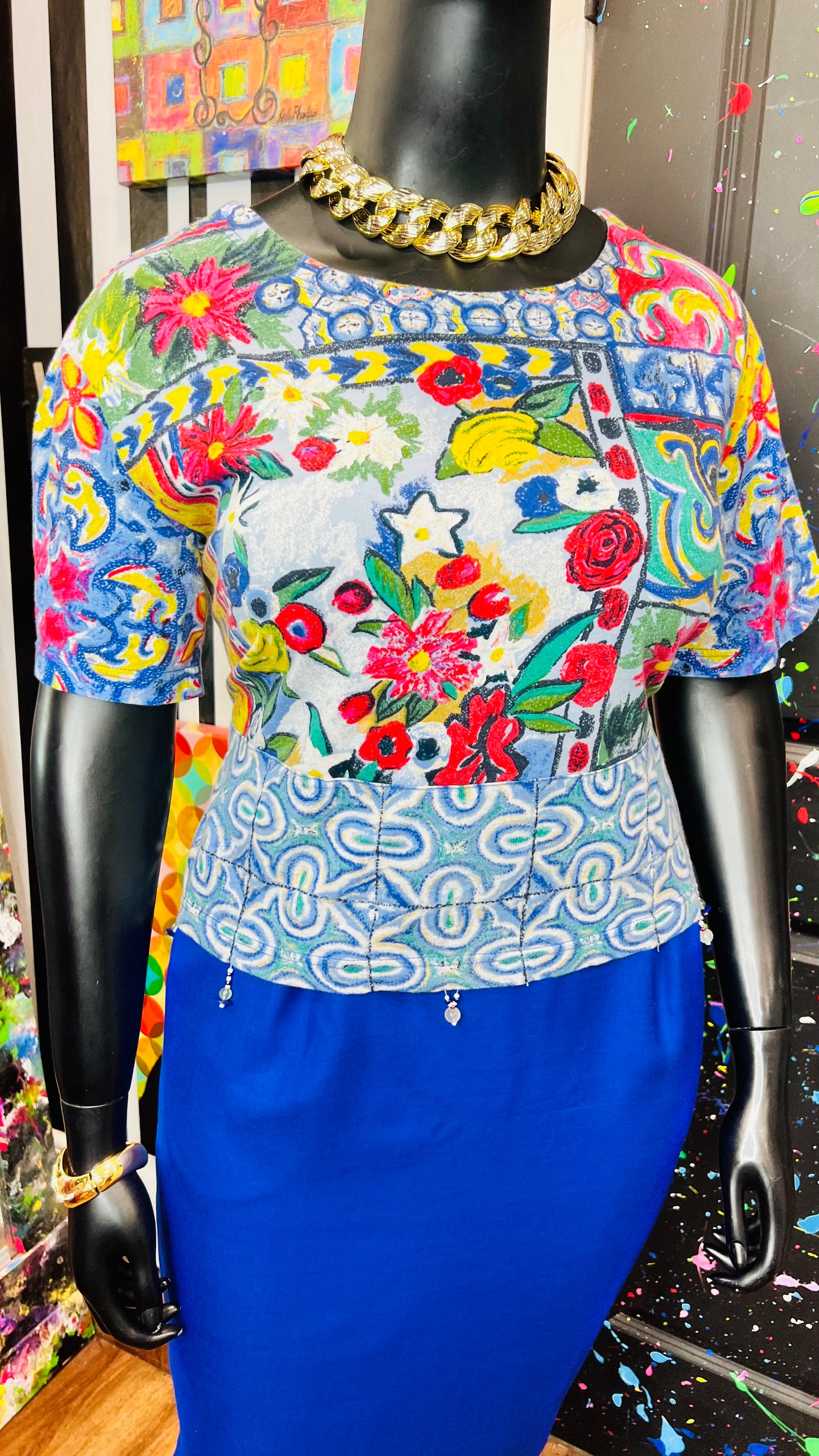 Vintage Carole Little Abstract Cotton Cropped Blouse (16/18)