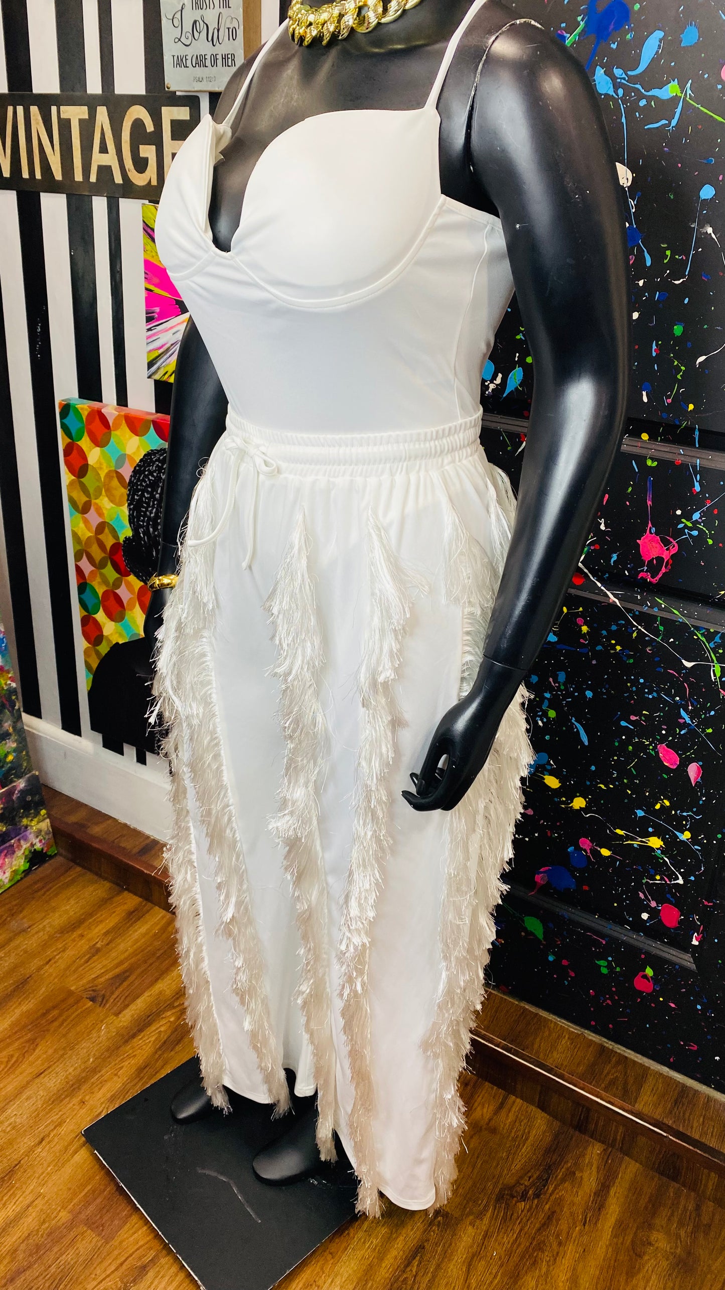 New w/ Tags White Fringe Body Suit & Pants (16)