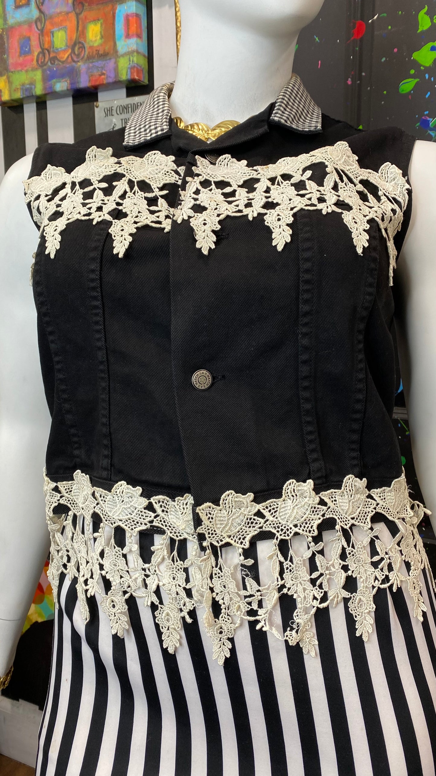 Vintage Black & White Denim & Lace Vest (14)