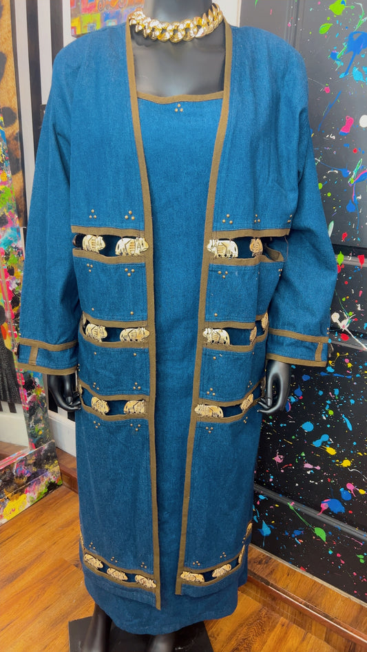 Vintage Traditional African Denim Dress & Duster Set (14)