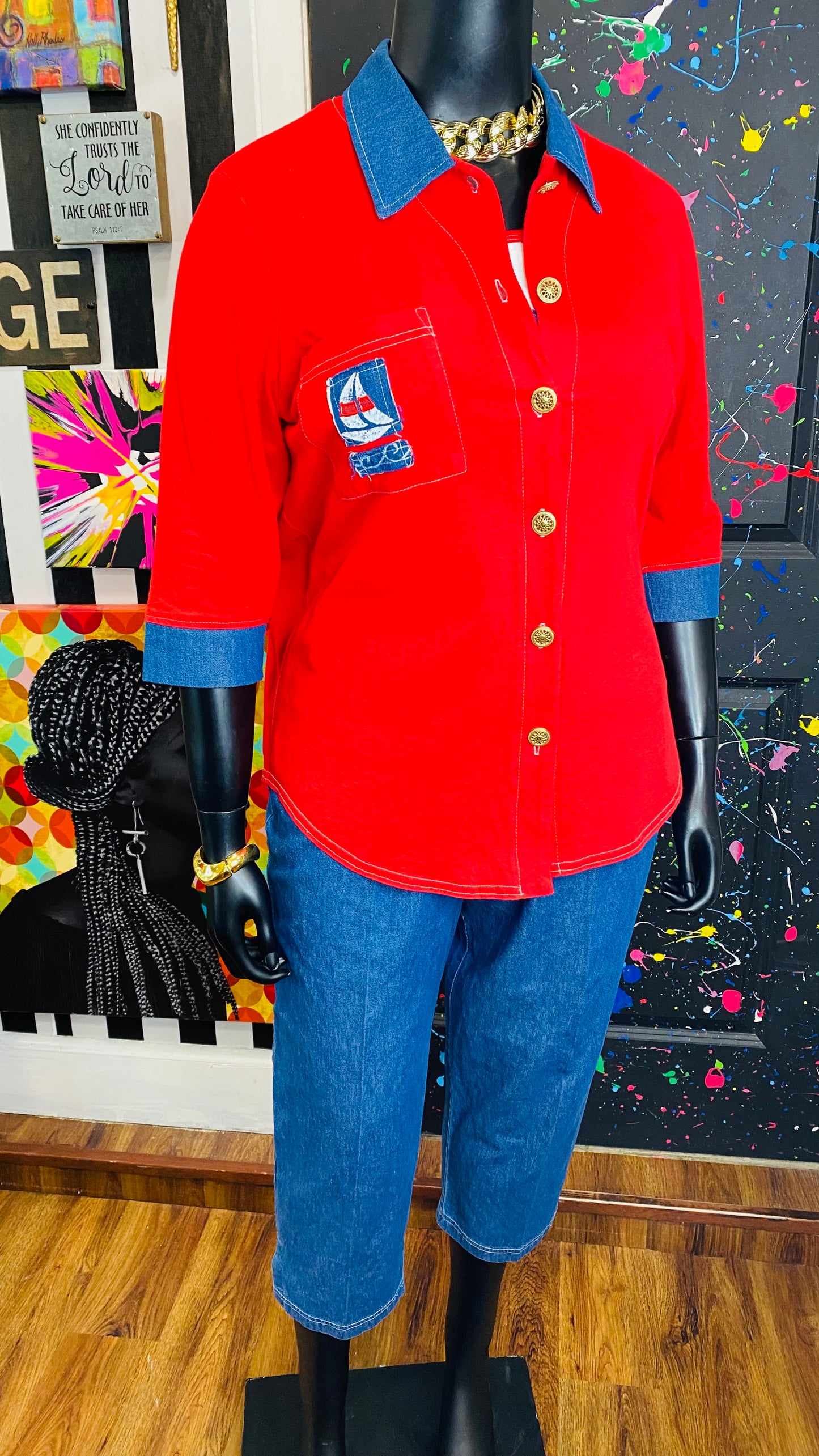 Vintage Cotton Red Blouse, Capri & Top Blouse Set (14/16)