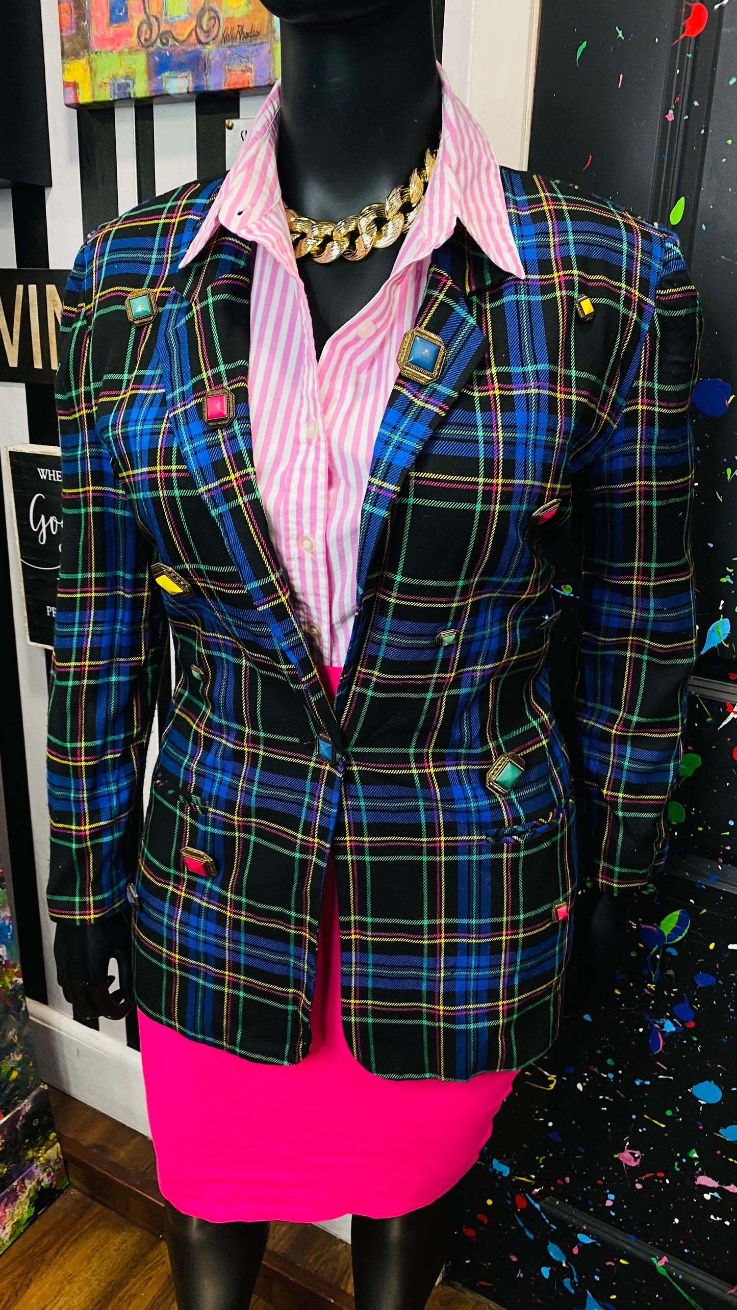 Plus Size Vintage Plaid Button Blazer (14)