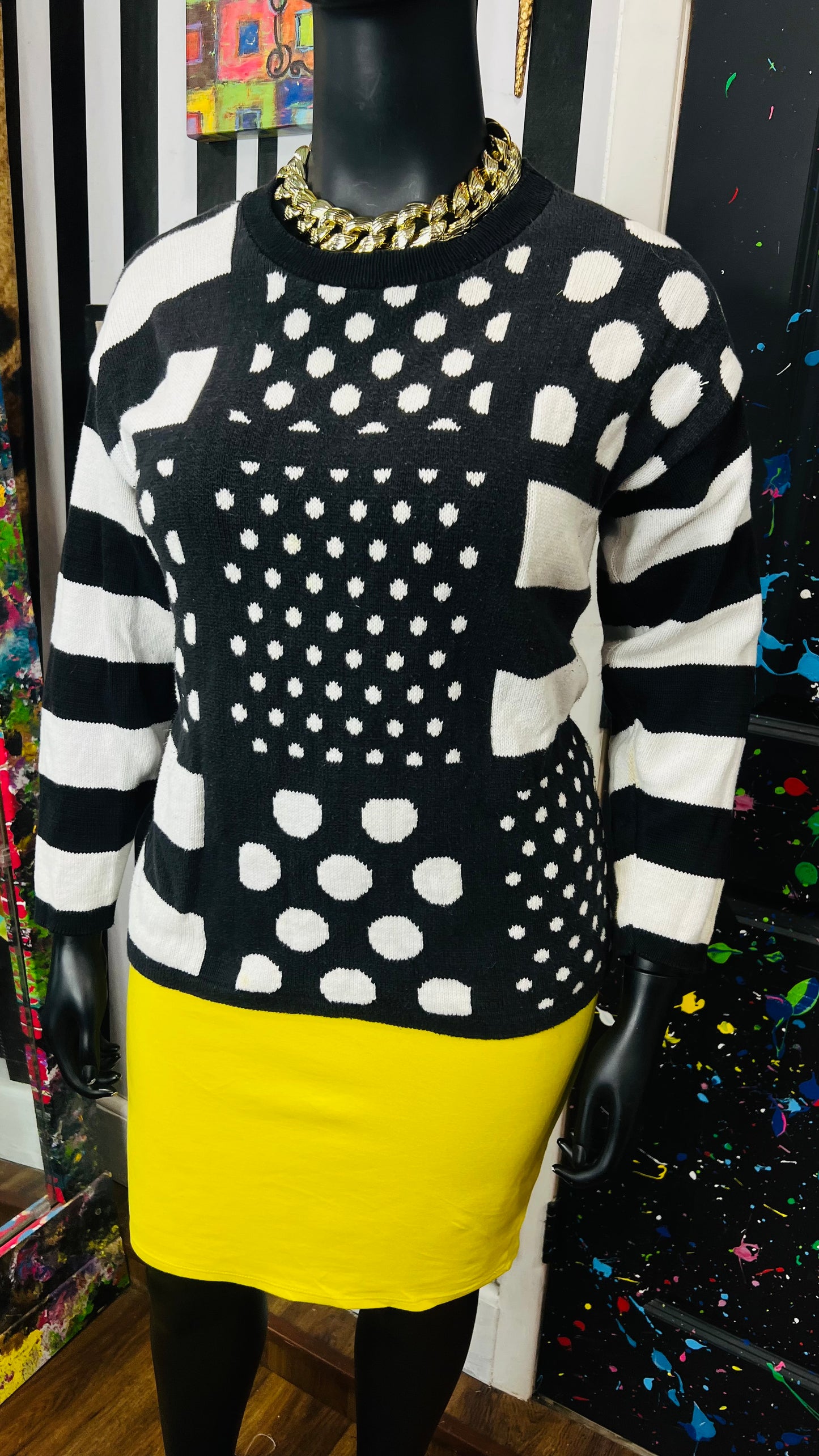 Vintage Black & White Polka Dot & Stripes Sweater (16)