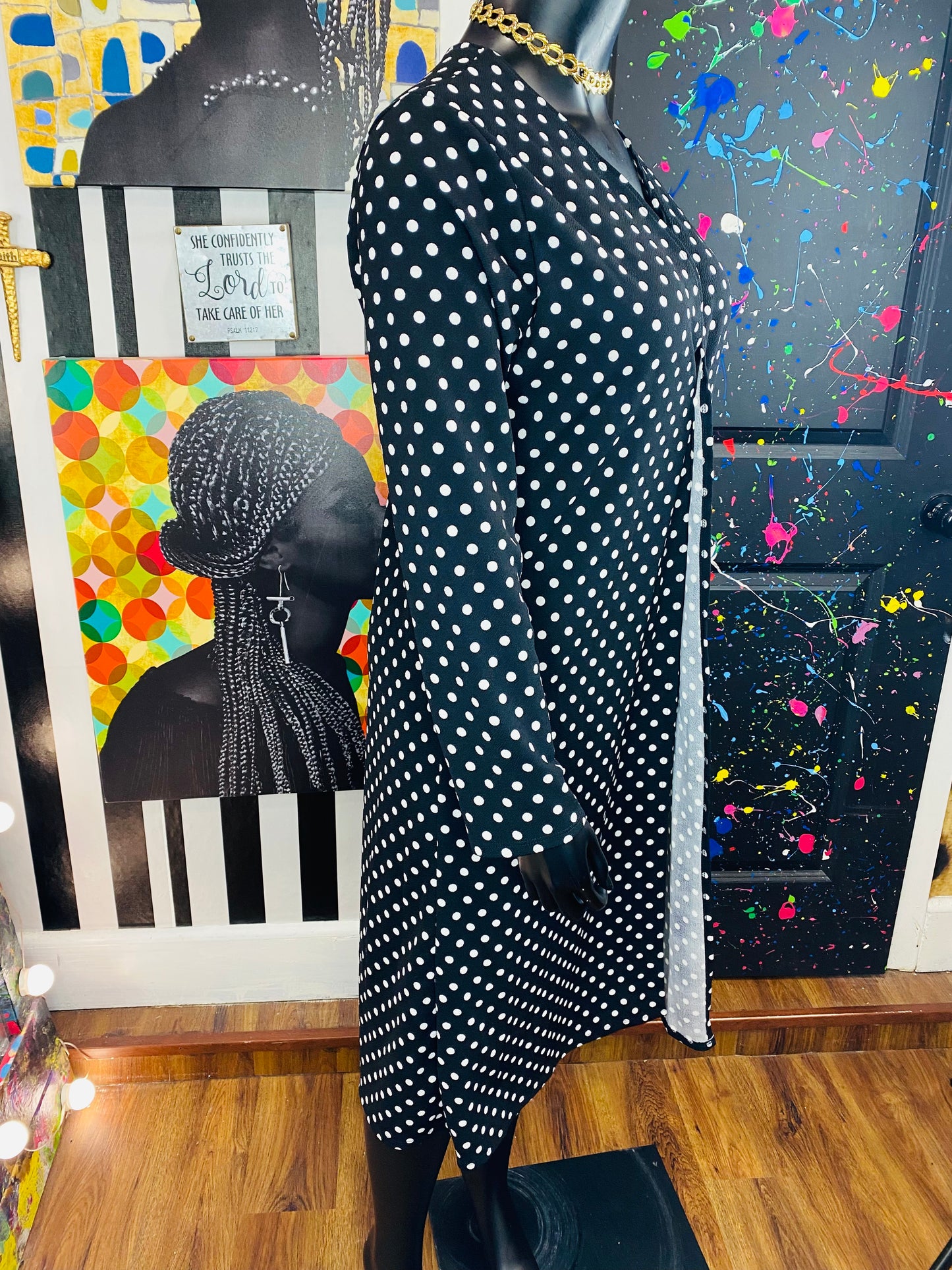 Vintage B&W Polkadot Open Duster
