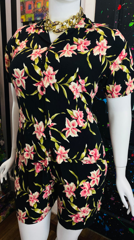 Vintage Floral Rayon Shorts Set (16/18)