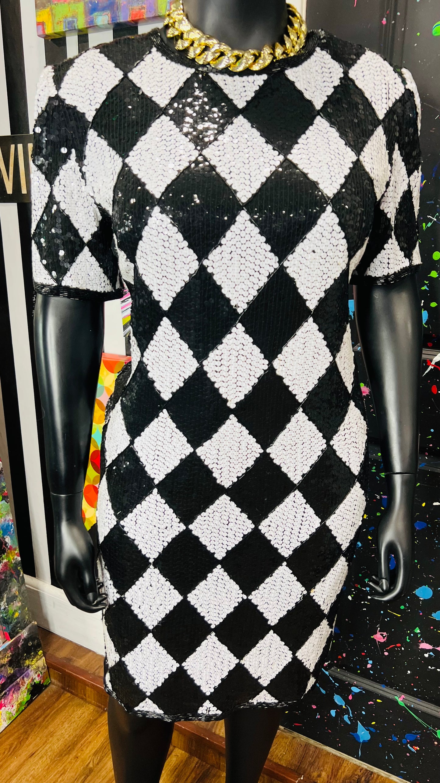 Vintage Black & White 100% Silk Sequin Dress (14)