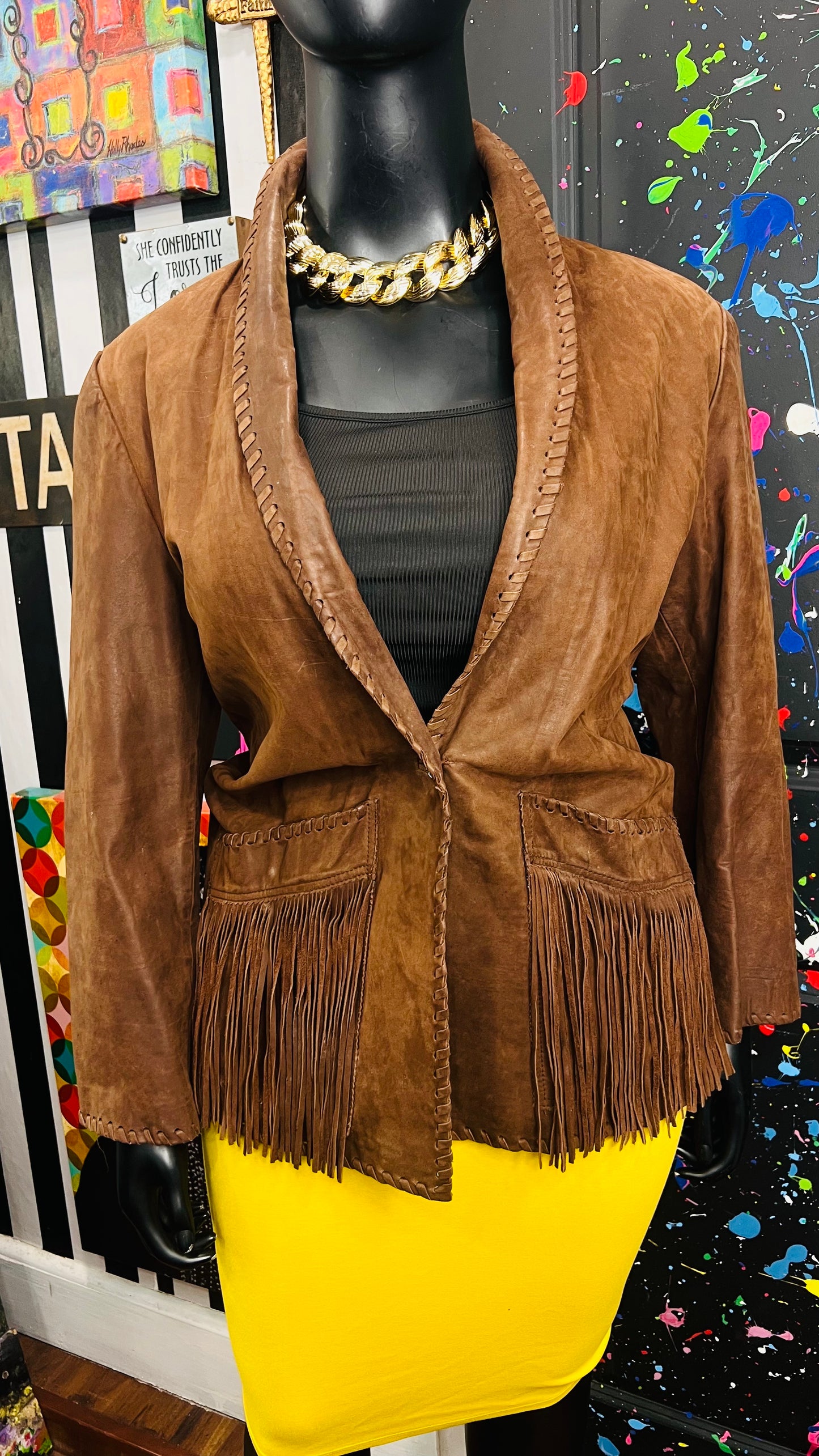 Vintage Genuine Leather Brown Fringe Blazer (18)