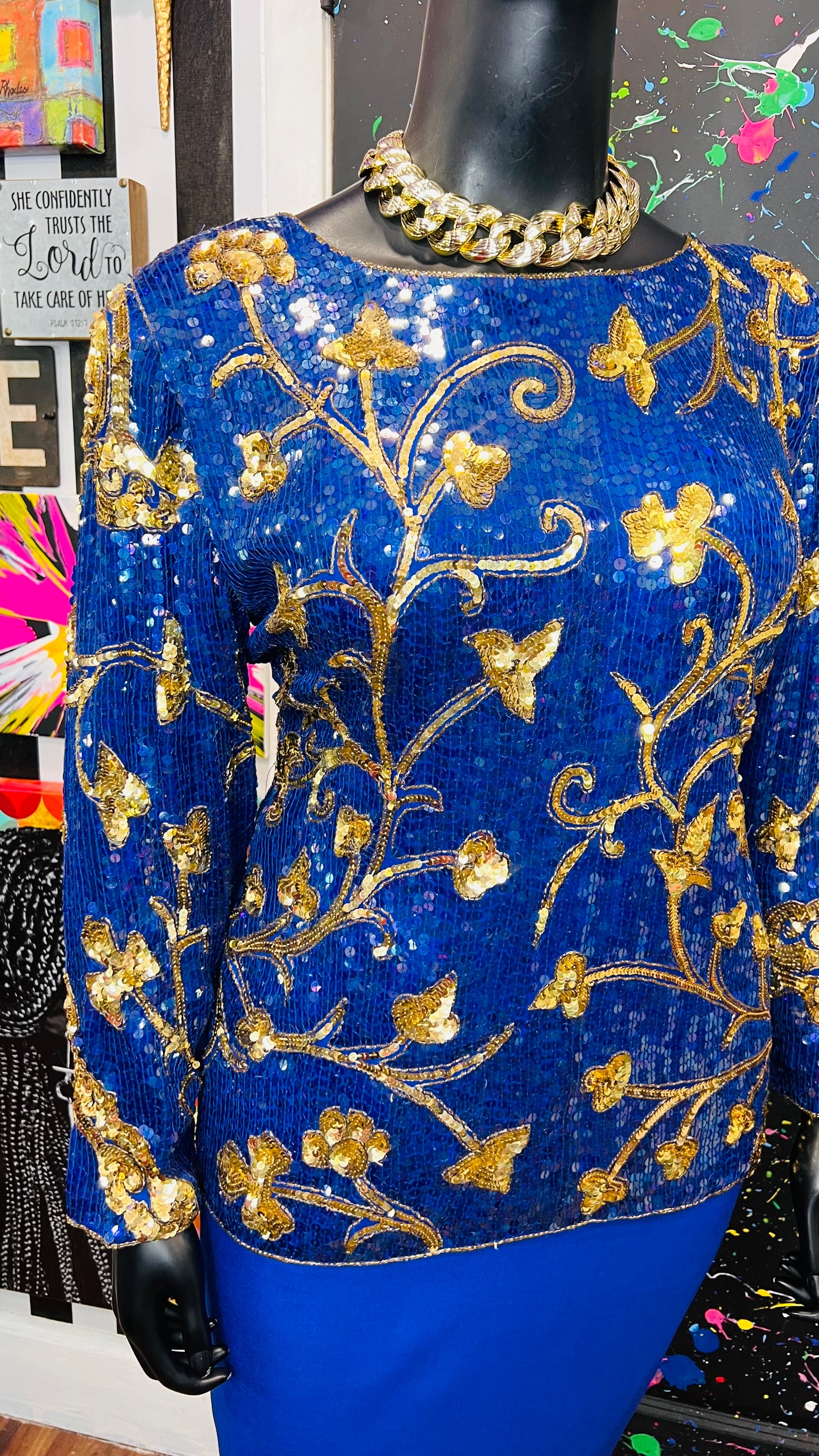 Vintage Blue & Gold Sequin Blouse (14)