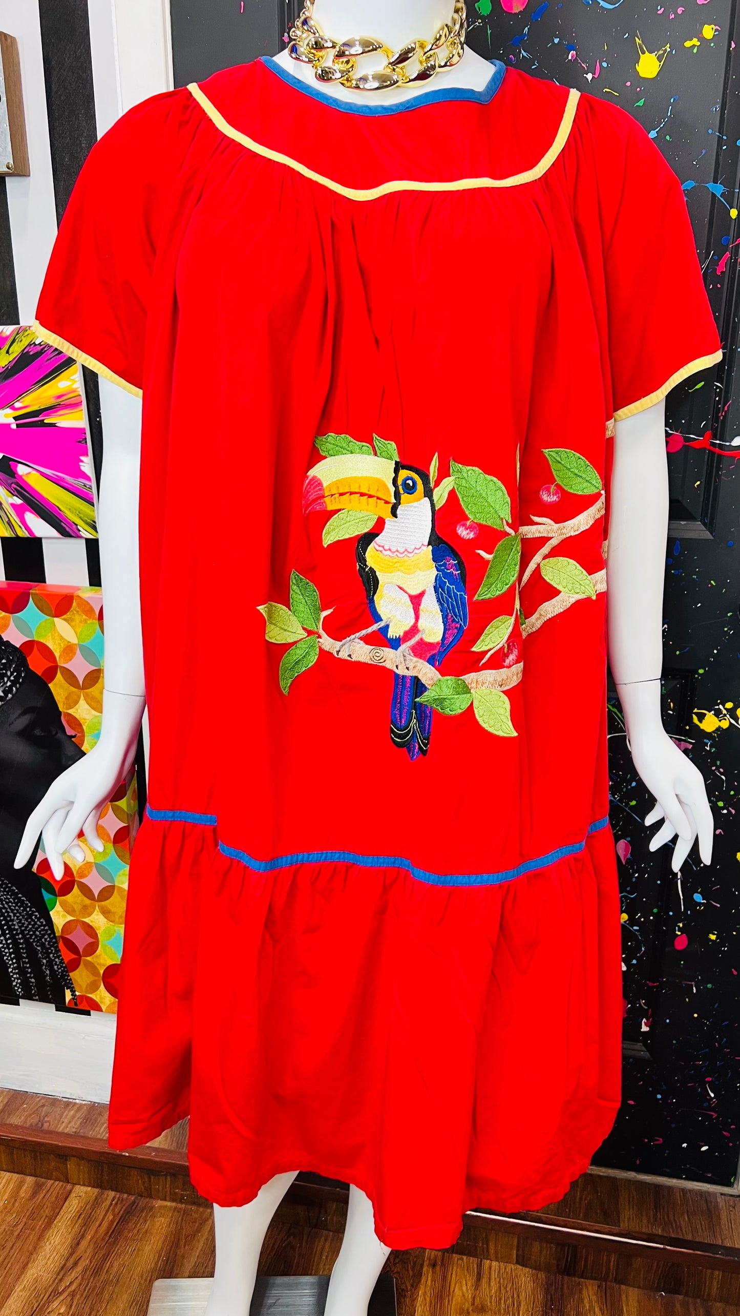 Vintage Cotton Red Parrot House Dress w/Pockets (22/24)