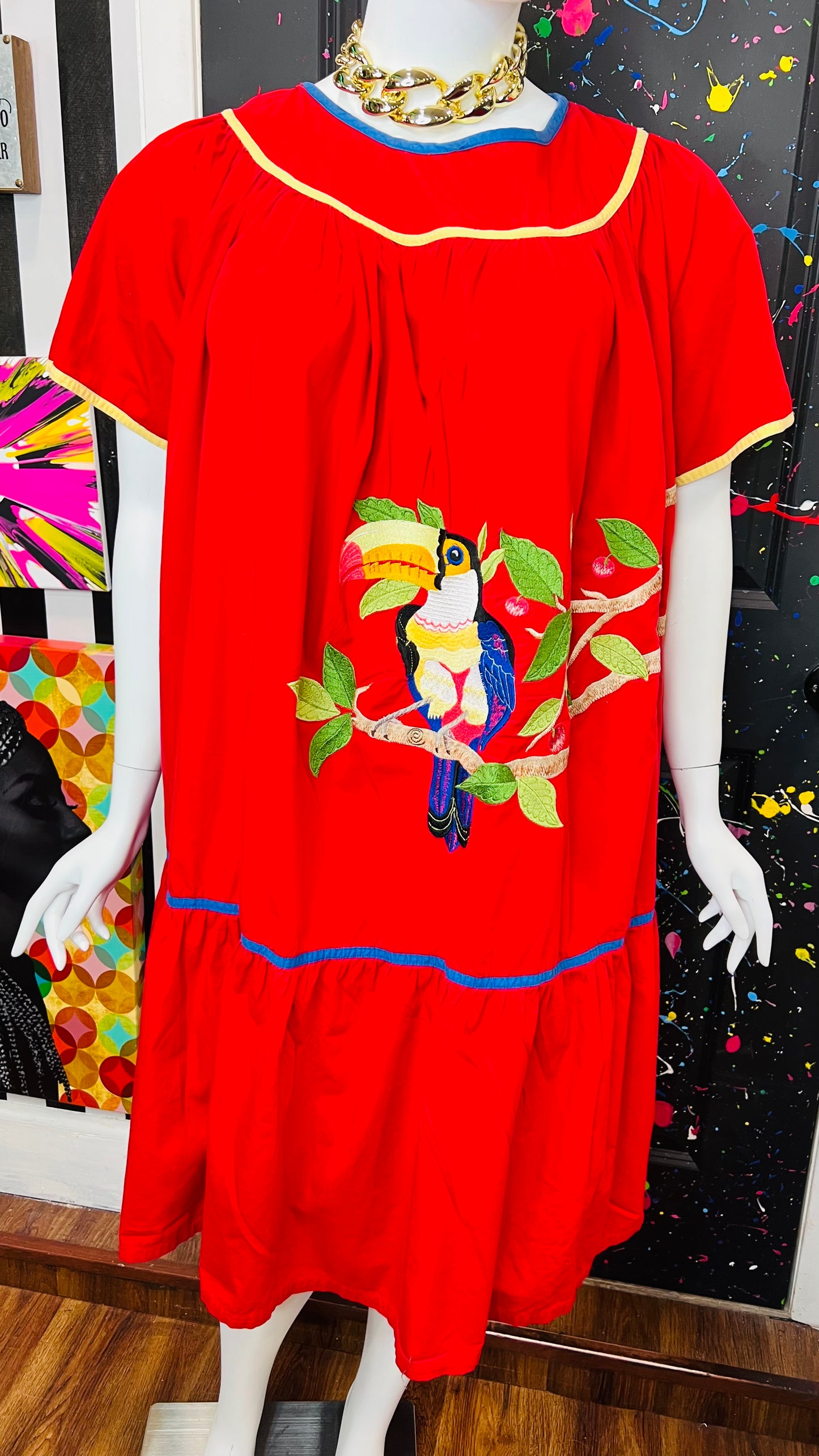 Vintage Cotton Red Parrot House Dress w/Pockets (22/24)