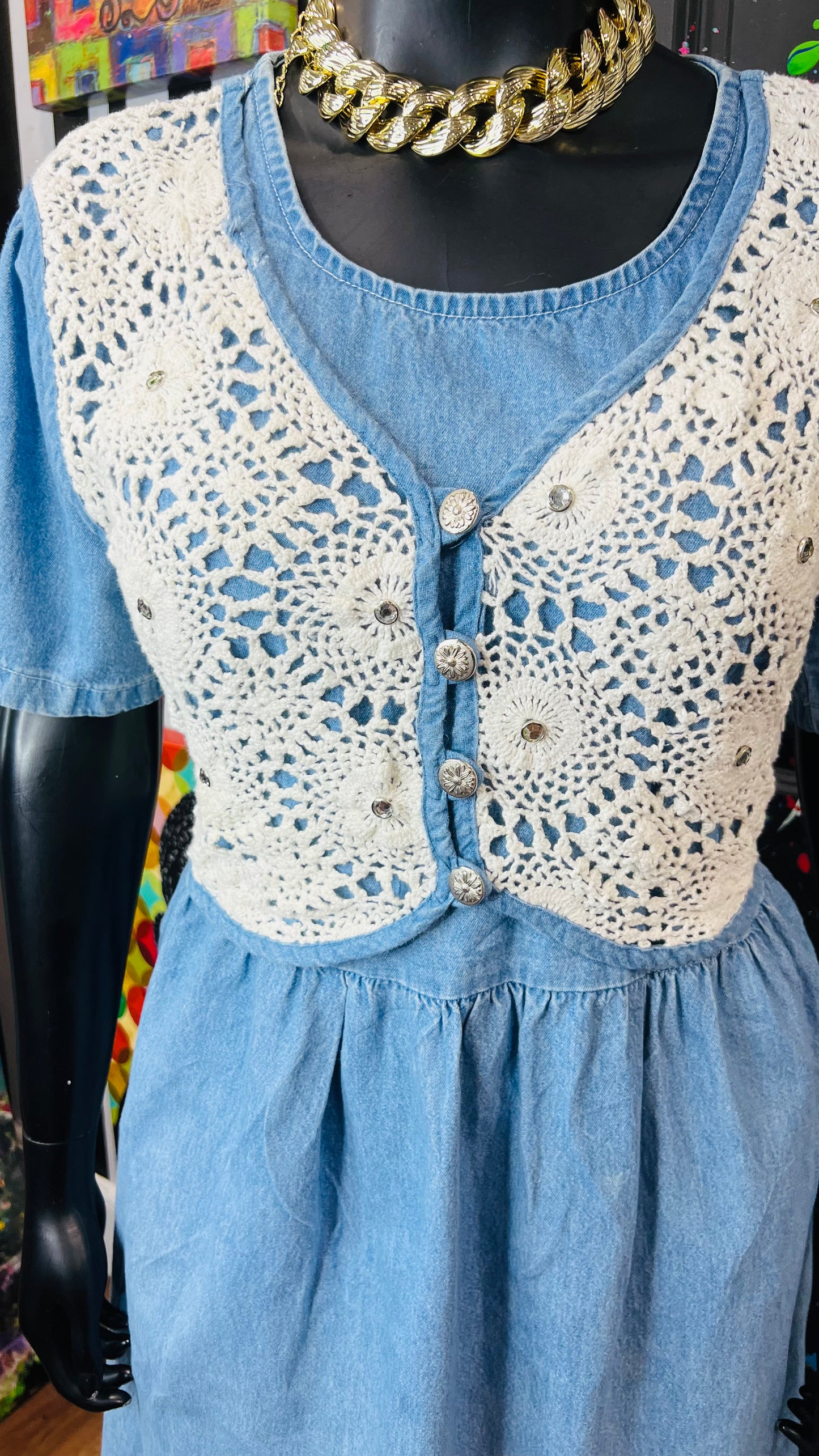 Plus Size Vintage Denim Dress w/ Attached Vest & Studds (16)
