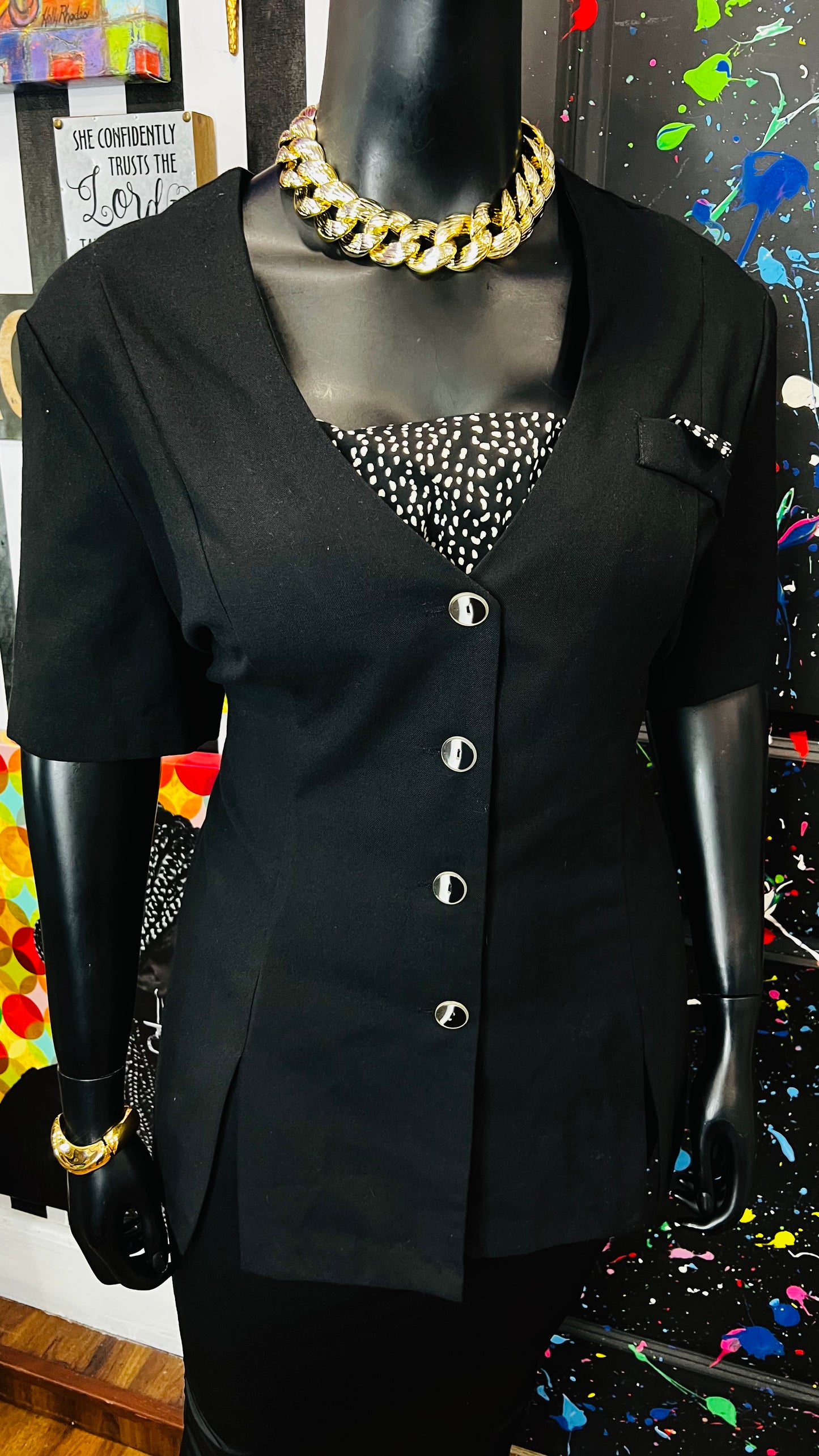 Vintage Black & Polka Dot Blazer Blouse (24W)