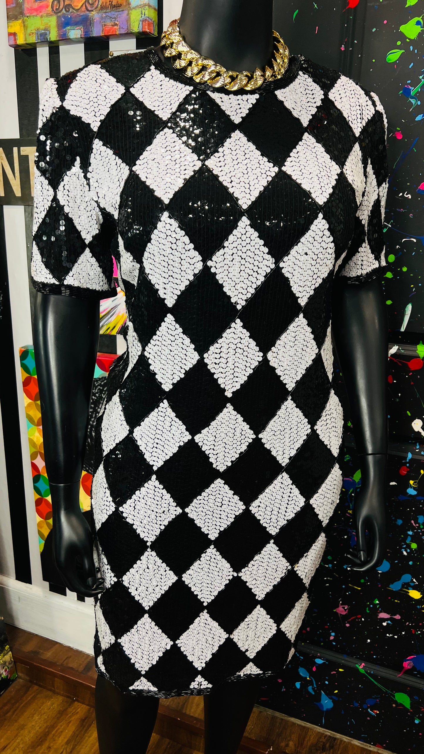 Vintage Black & White 100% Silk Sequin Dress (14)