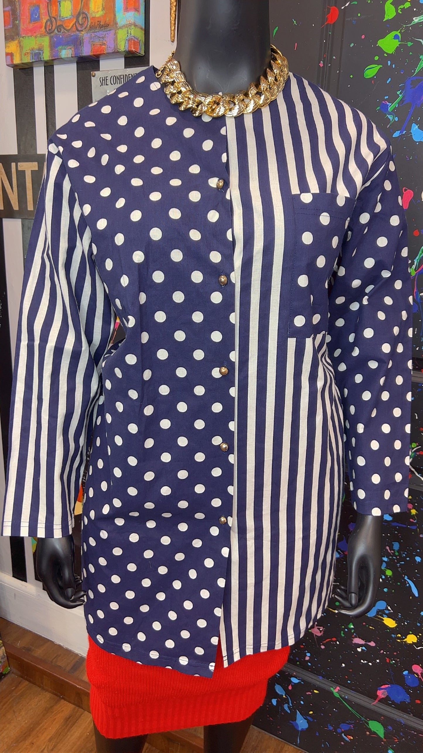 Vintage Navy Blue & White Mix Print Blouse (16)