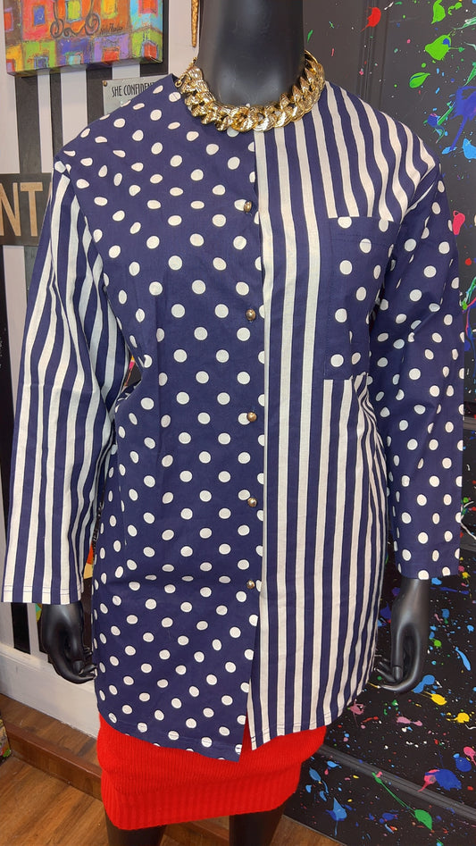 Vintage Navy Blue & White Mix Print Blouse (16)