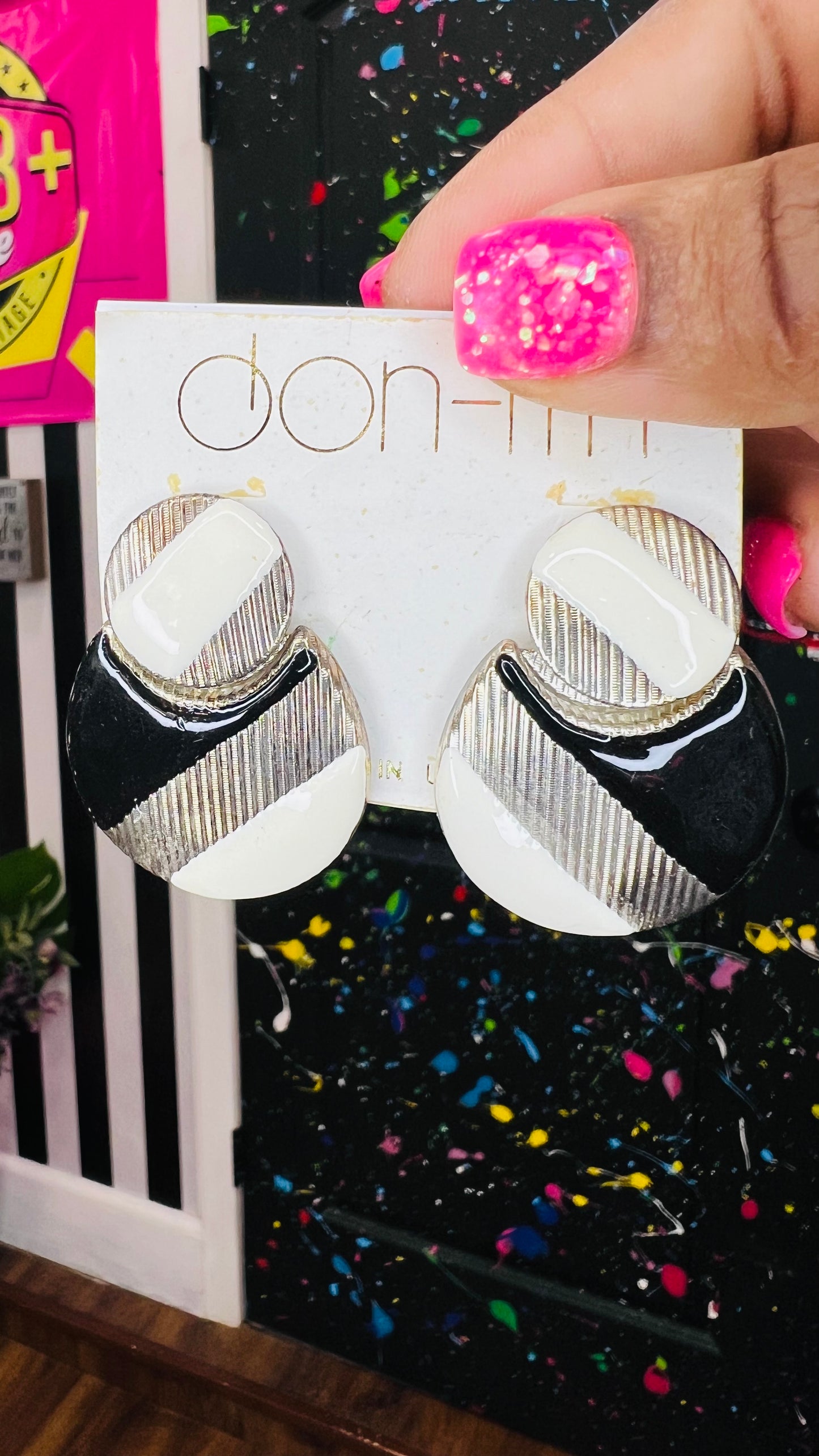 Vintage Silver, Black & White (Metal) Post Back Earrings