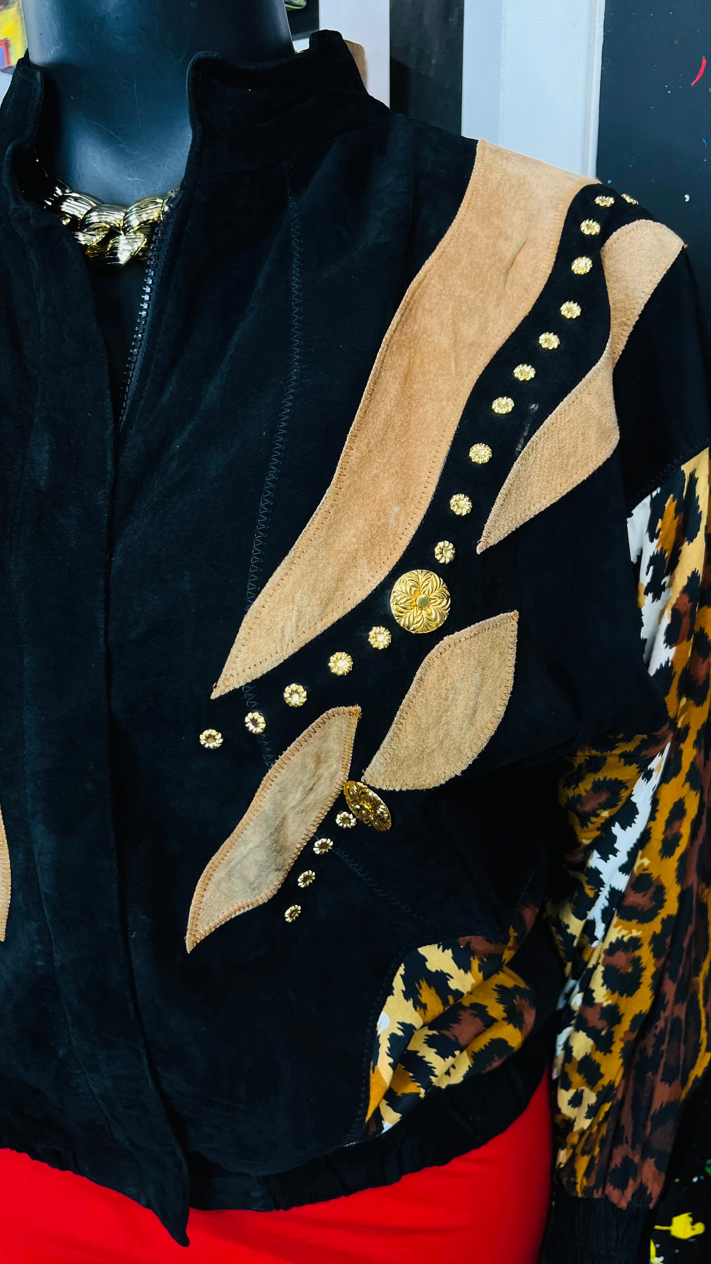 Vintage Genuine Suede Leather & Rayon Studded Animal Print Jacket (16/18)