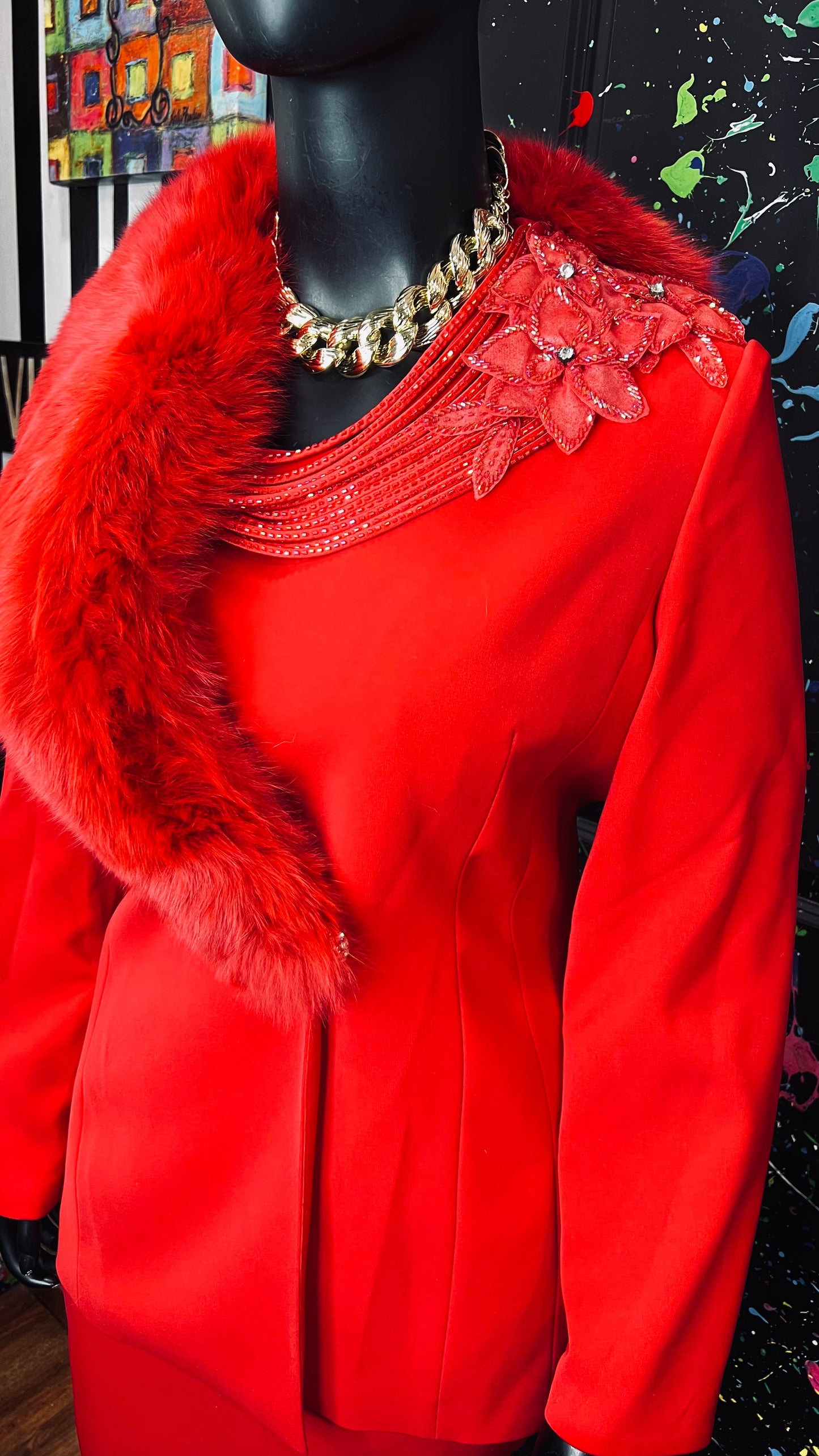 Vintage Couture Red Faux Fur Skirt Suit (20)