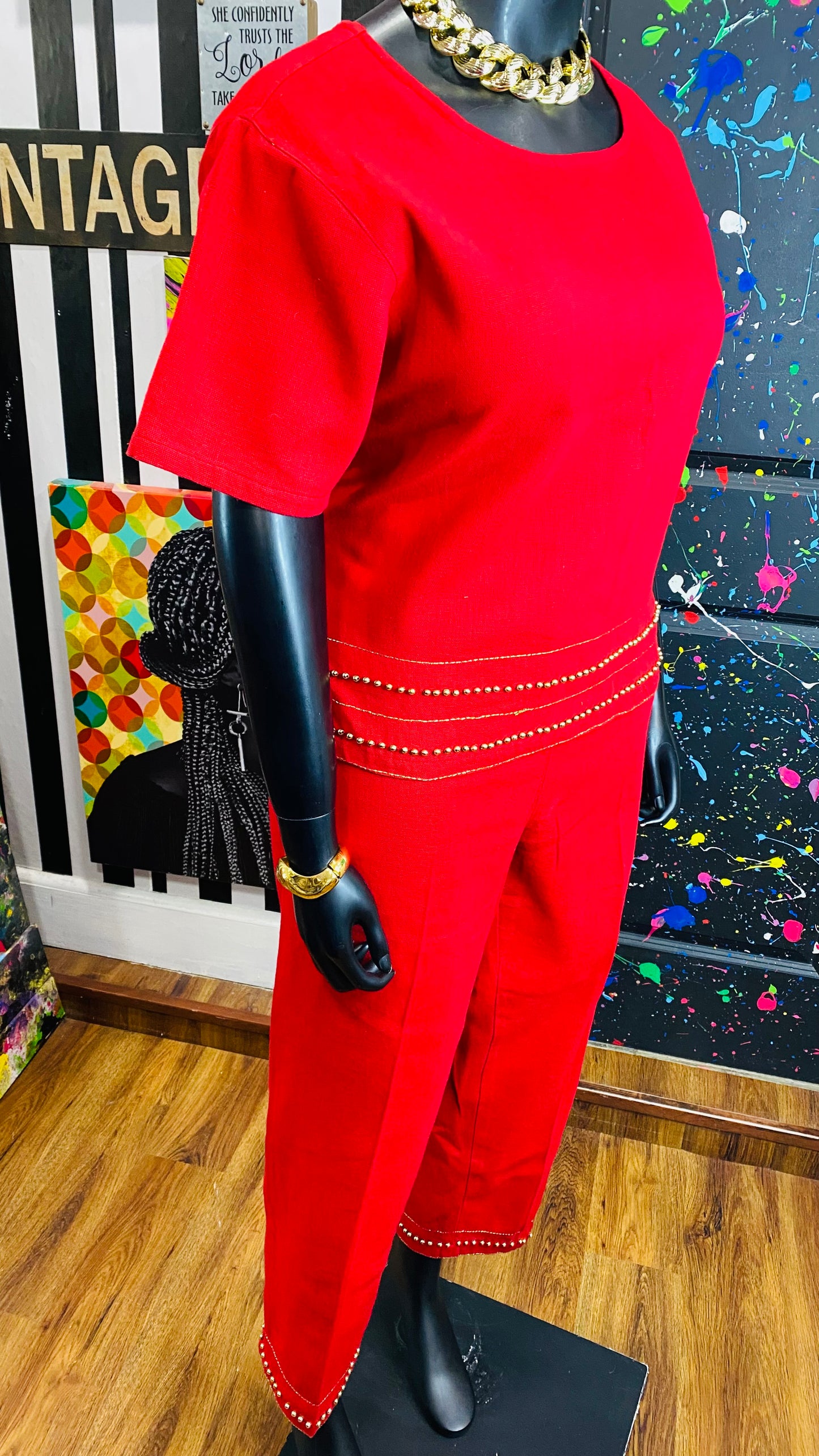 Vintage Traditional African Red & Gold Beaded 3 Piece Cotton Pants Set (14)