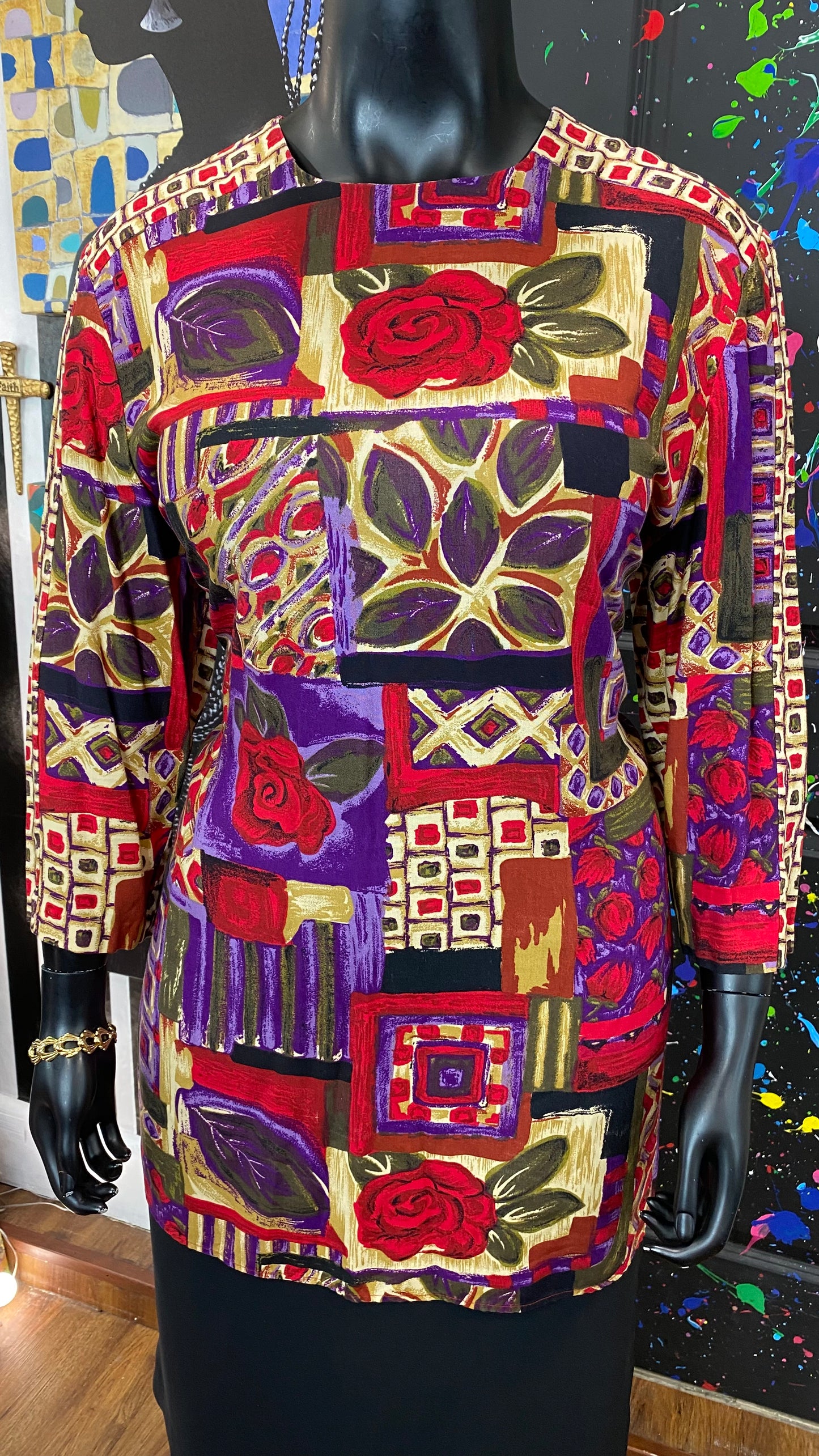 Vintage 3/4 Sleeve Quilted Print Blouse