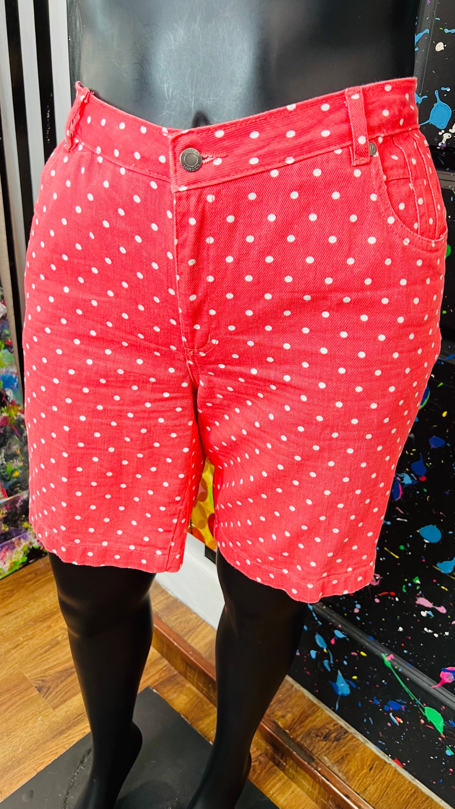 Vintage Salmon & White Polka Dot Denim Shorts (14W)