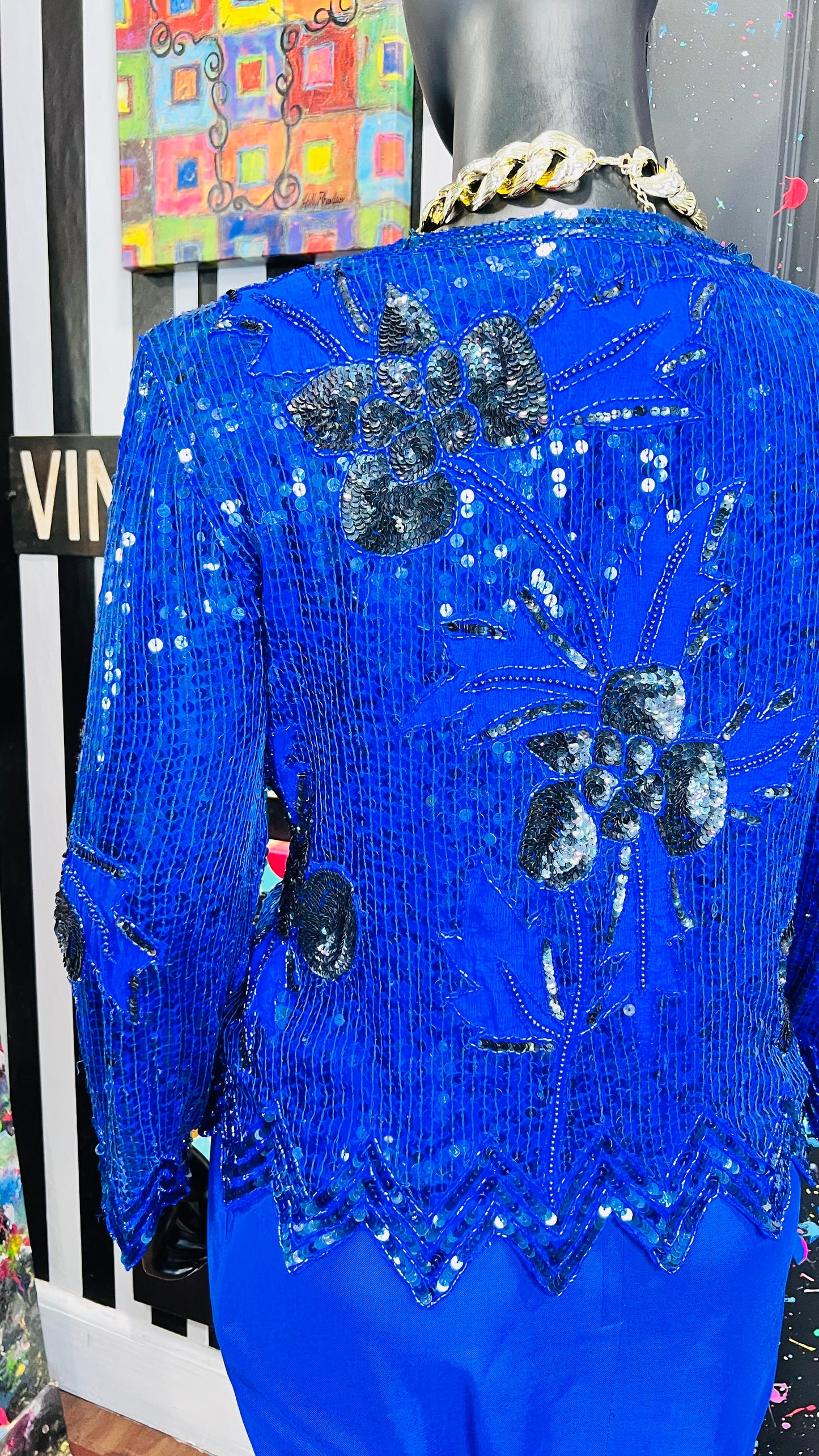 Vintage Blue & Black 100% Silk Sequin Blouse - Deadstock New w/Tags (18)