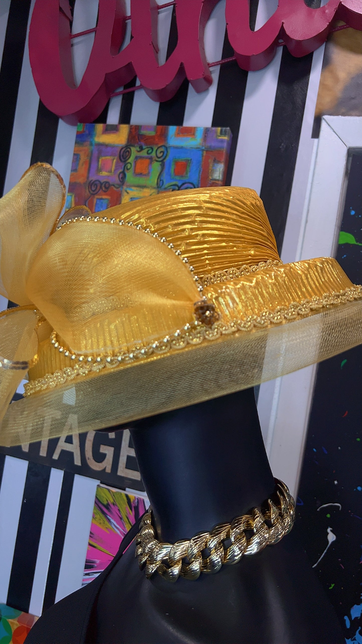 Vintage Straw & Sequin Gold Bow Hat