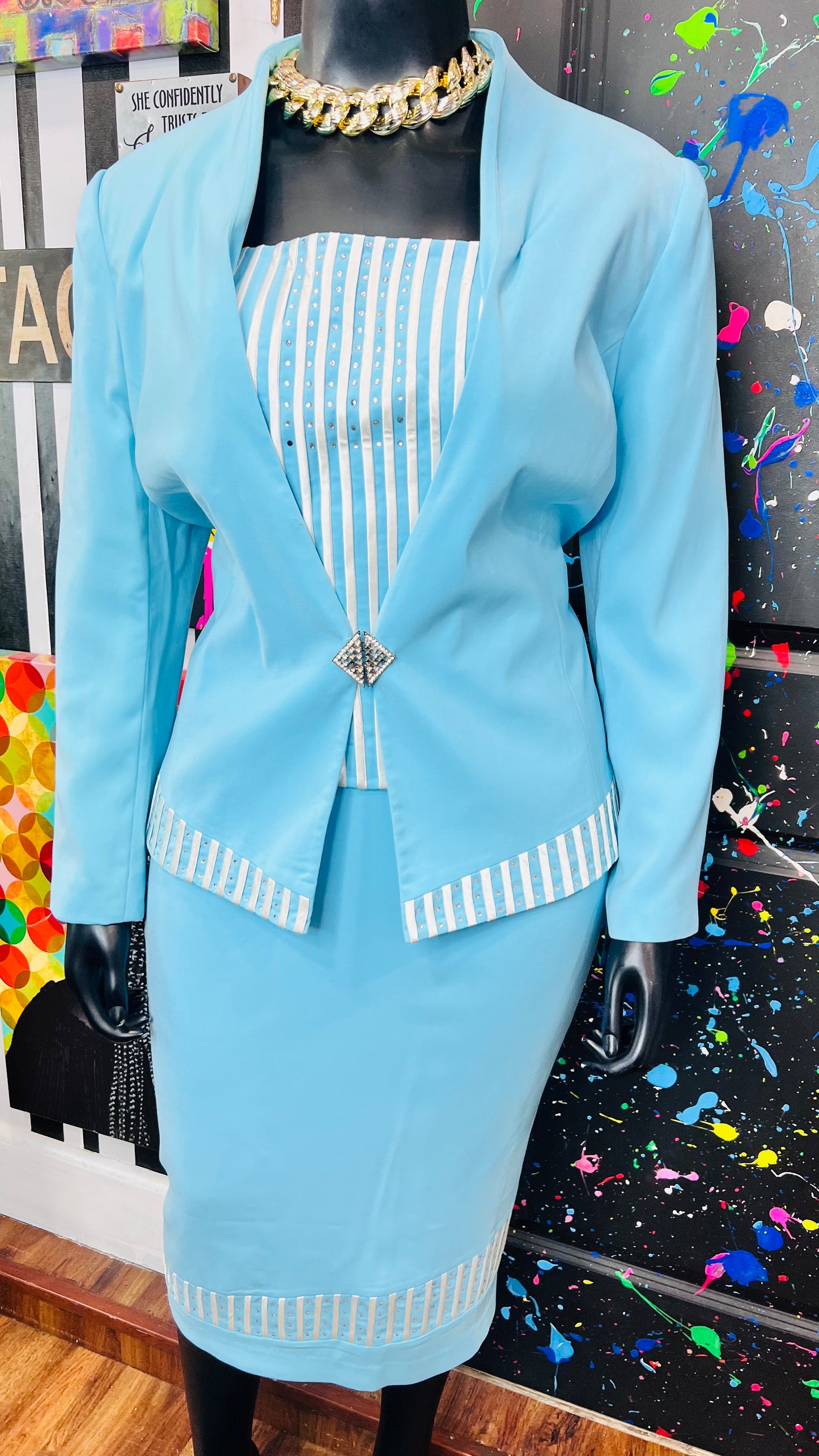 Vintage Blue & White Skirt Suit (18)