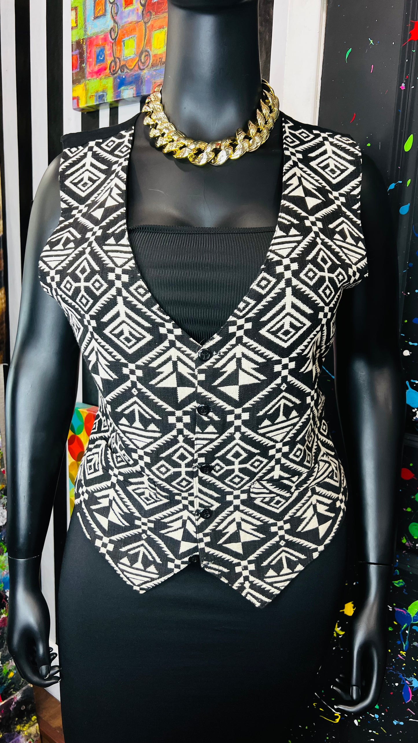 Vintage Black & White Tribal Print Vest (12)