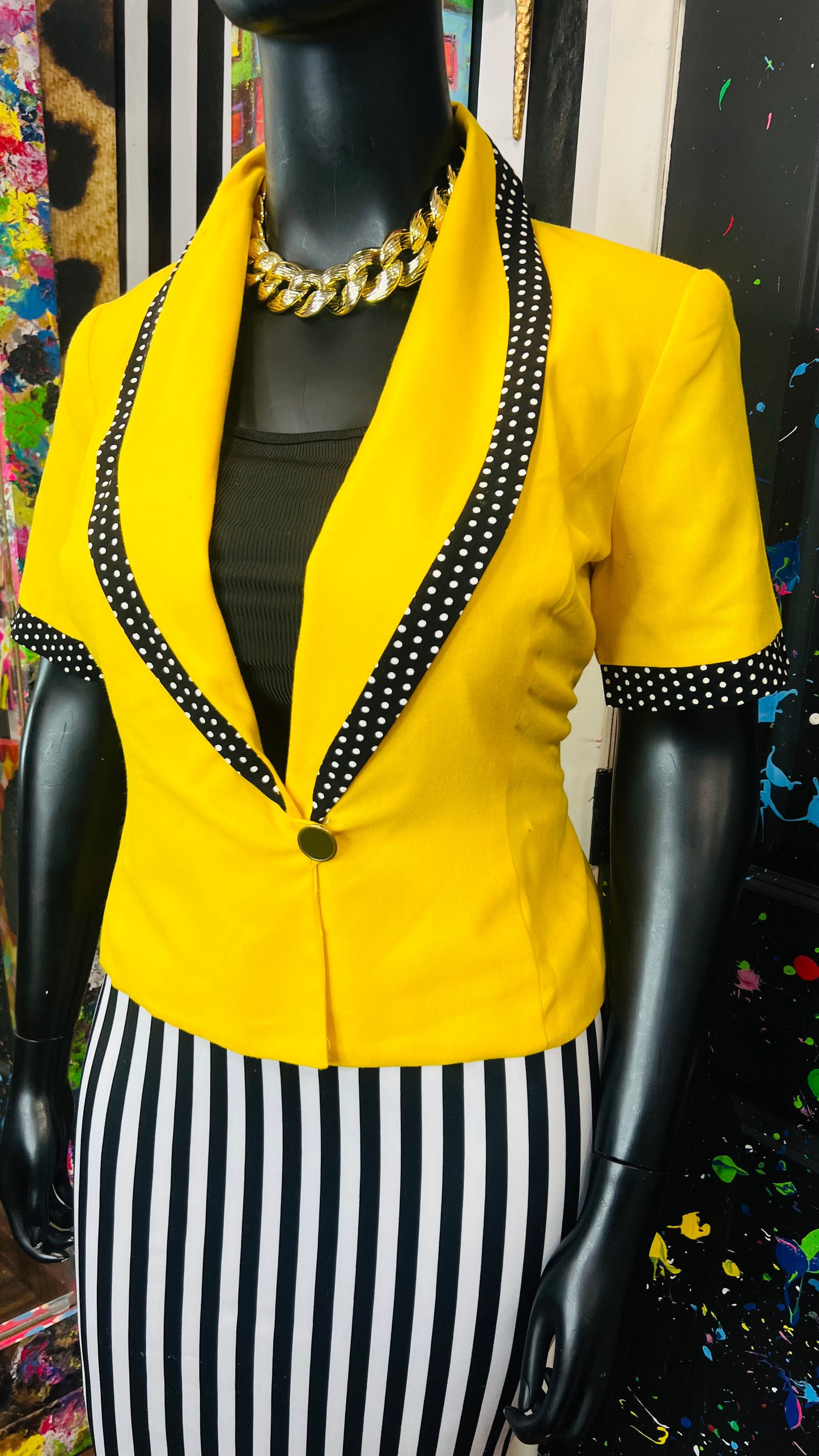 Vintage Single Button Polka Dot & Yellow Short Sleeve Blazer(12)