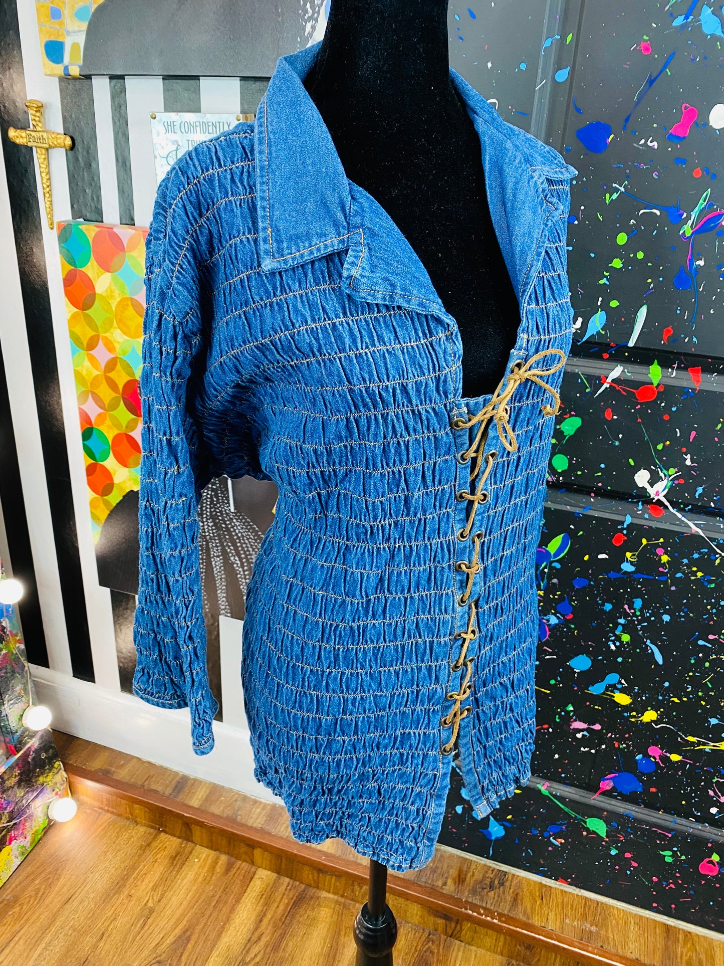 Vintage Denim Stretch Long Sleeve Blouse