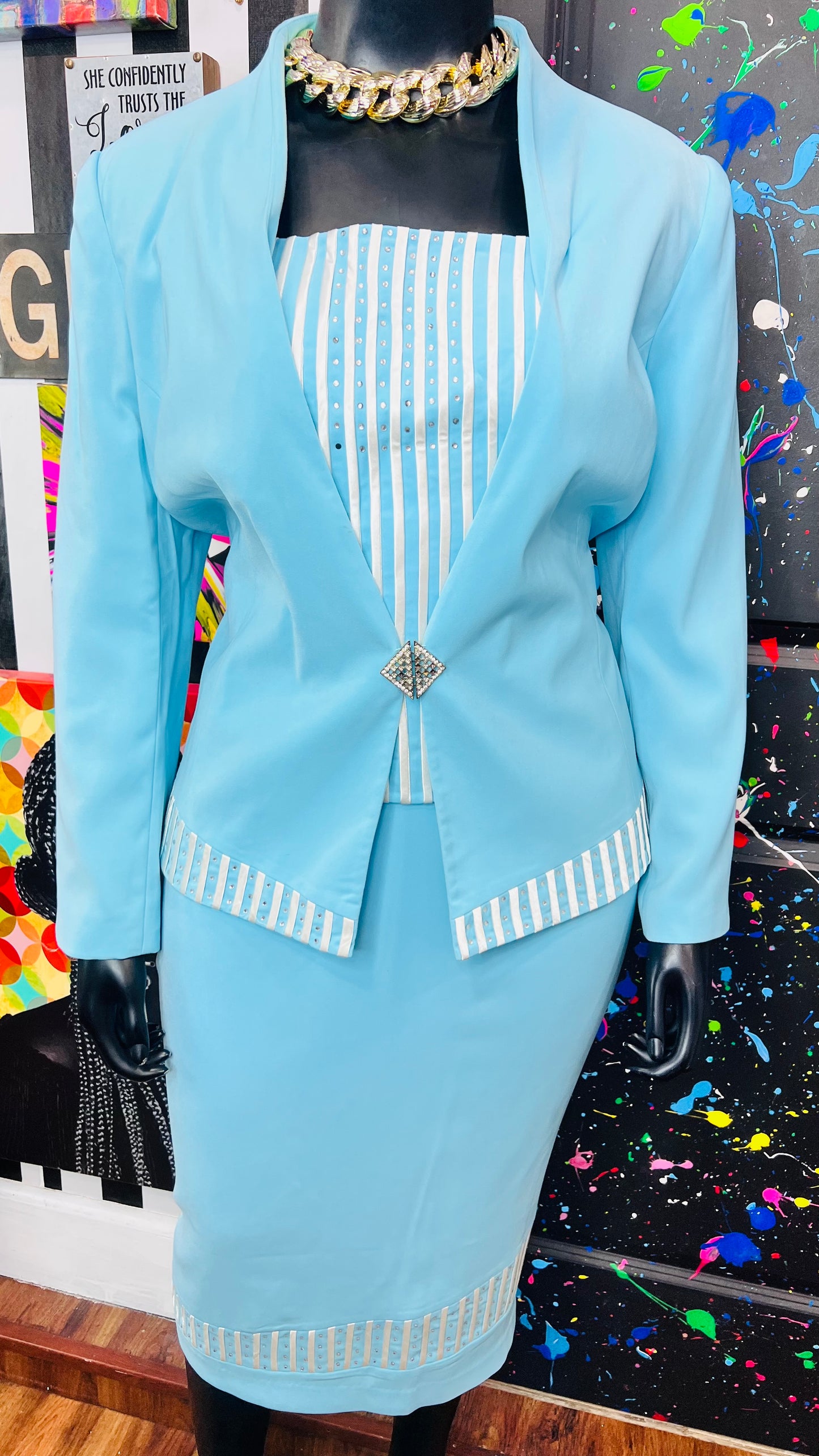Vintage Blue & White Skirt Suit (18)